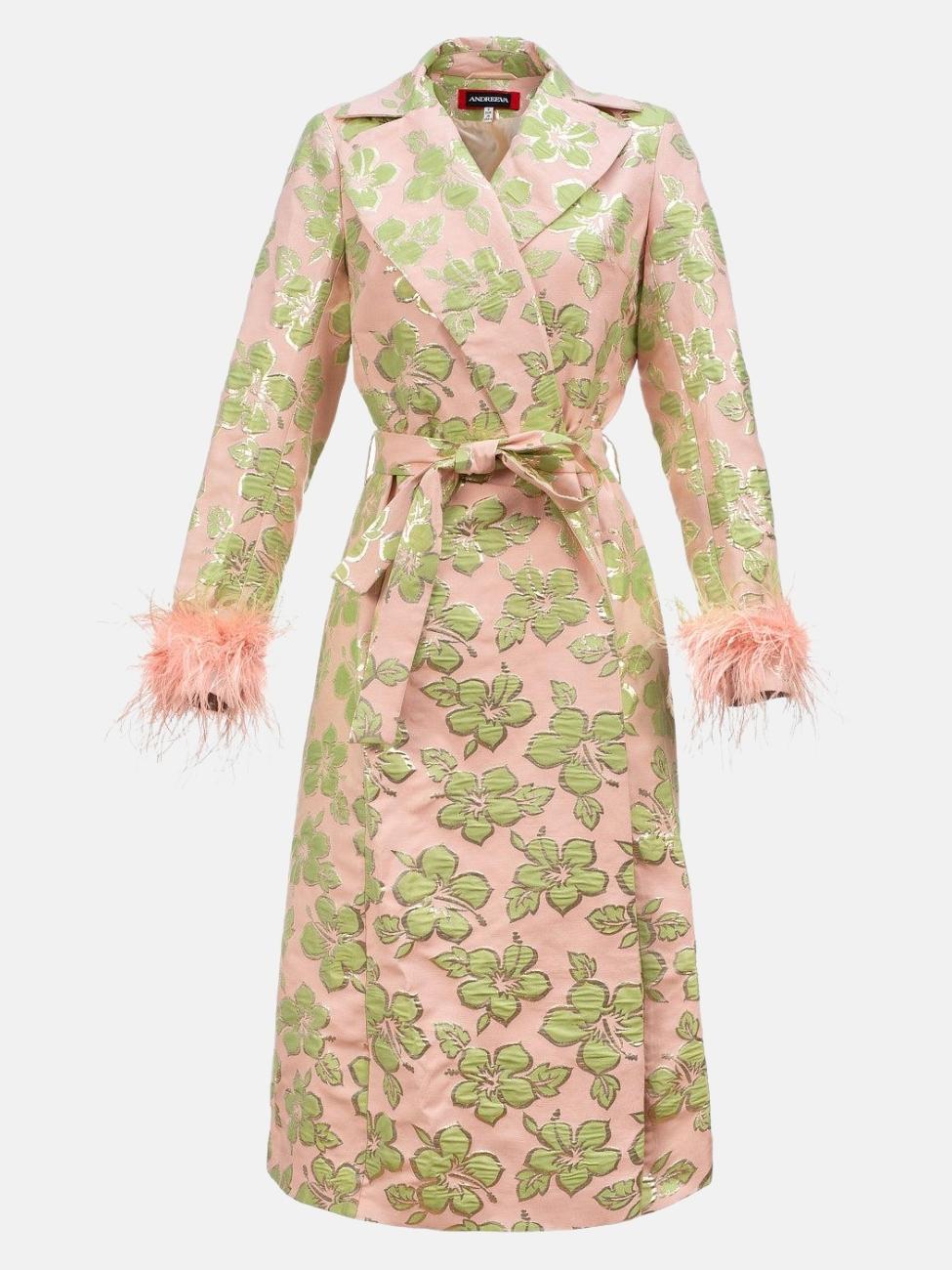 Pink Jacquard Long Coat №19 with Detachable Feather Cuffs
