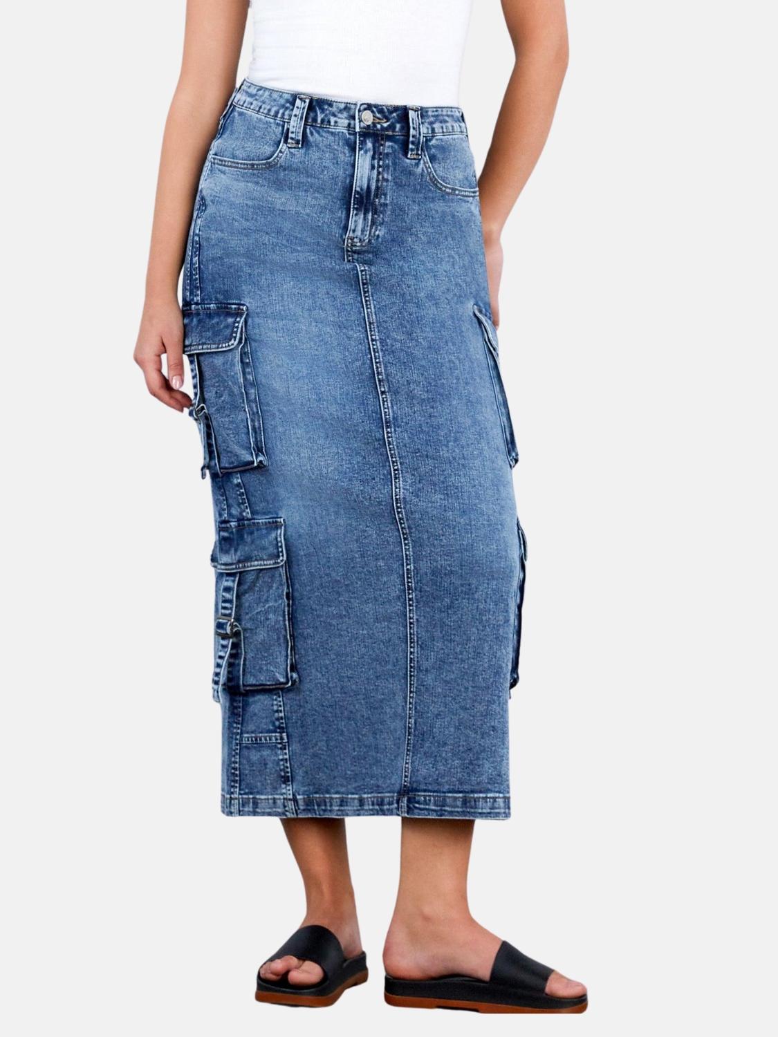 Cargo Denim Maxi Skirt in Blue