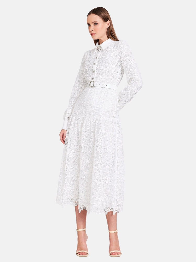 Buttoned Lace Midi Dress in White