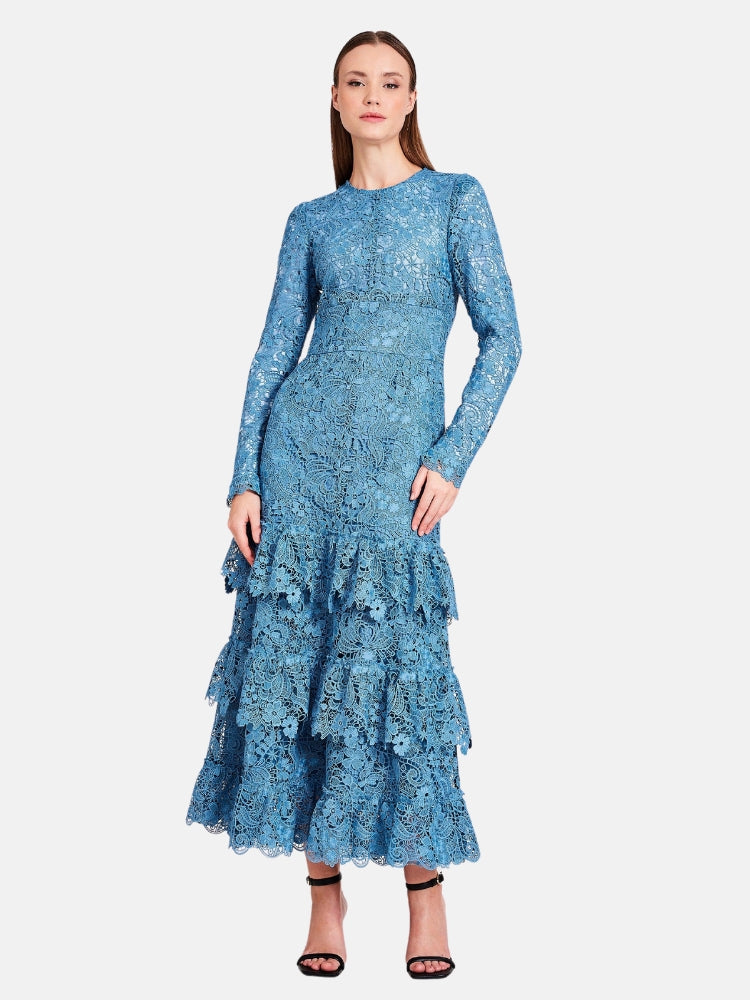 Lace Flounces Midi Dress in Blue