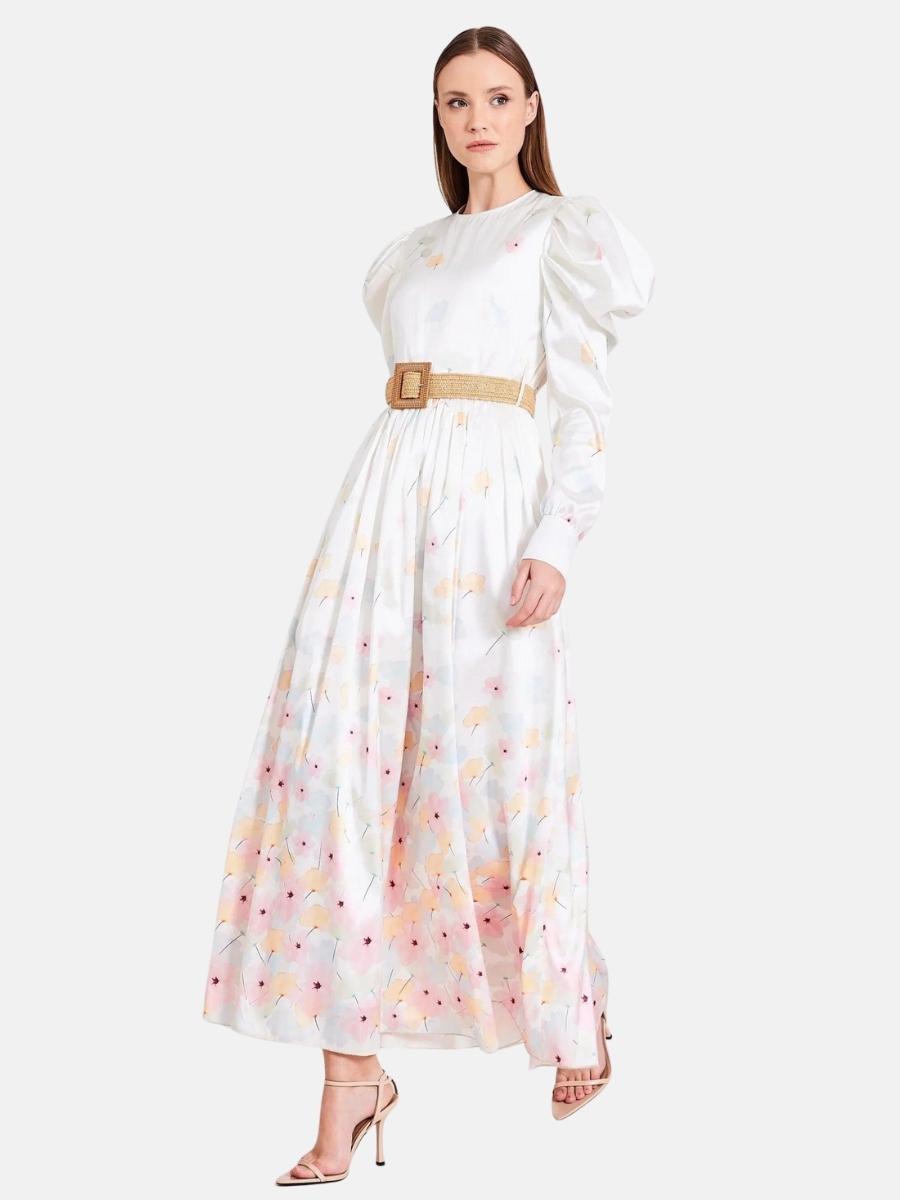 Pastel Floral Taffeta Midi Dress in White