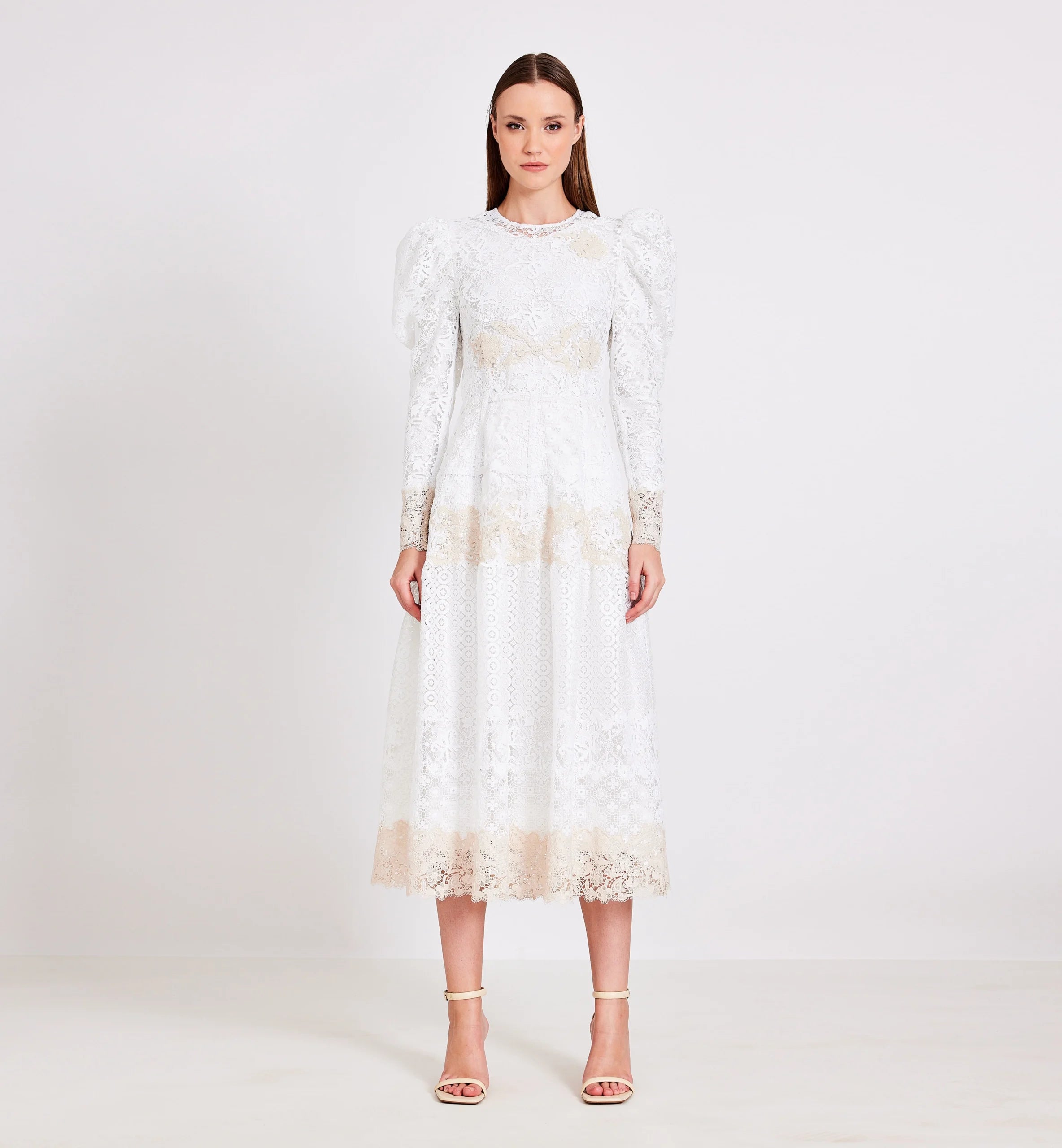 Lace Combination Midi Dress in Biege & White