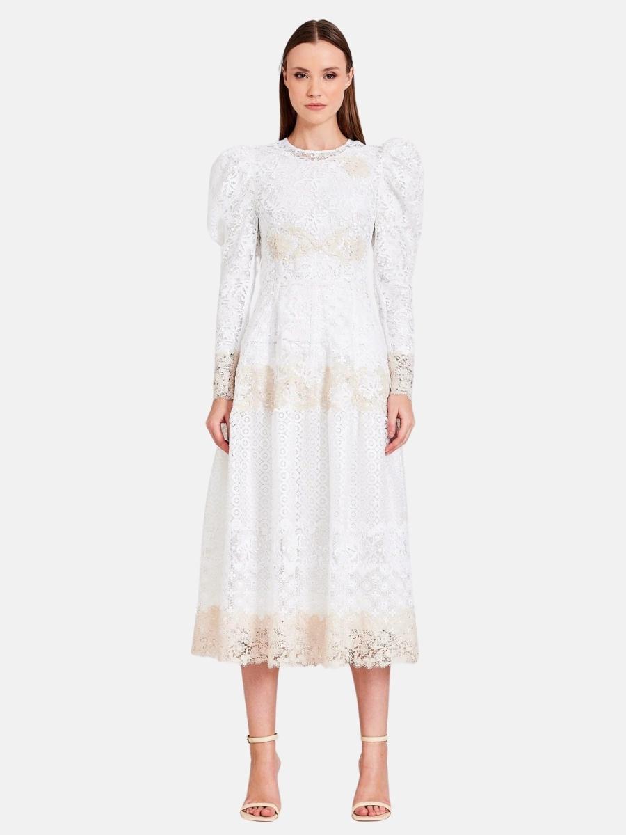 Lace Midi Dress in Biege & White