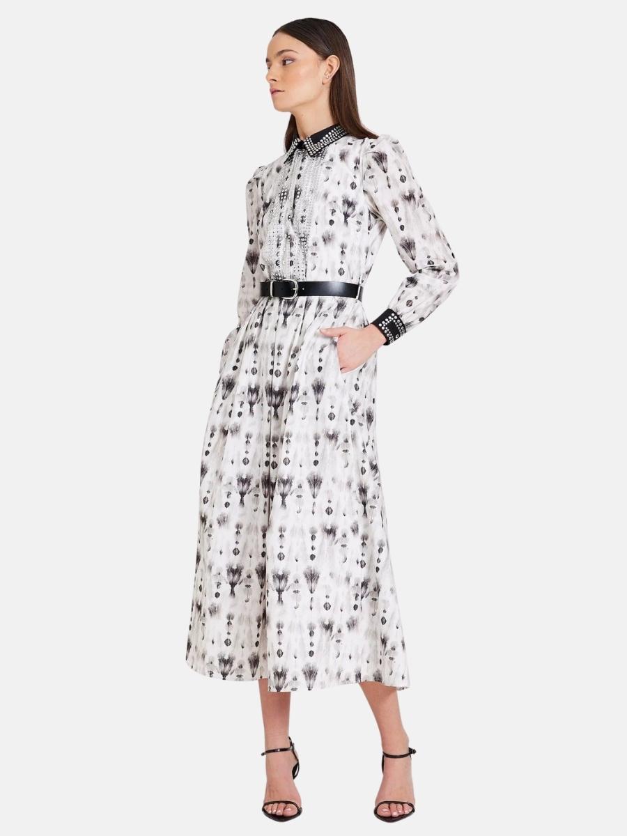 Studded Printed Cotton Midi Dress in Black