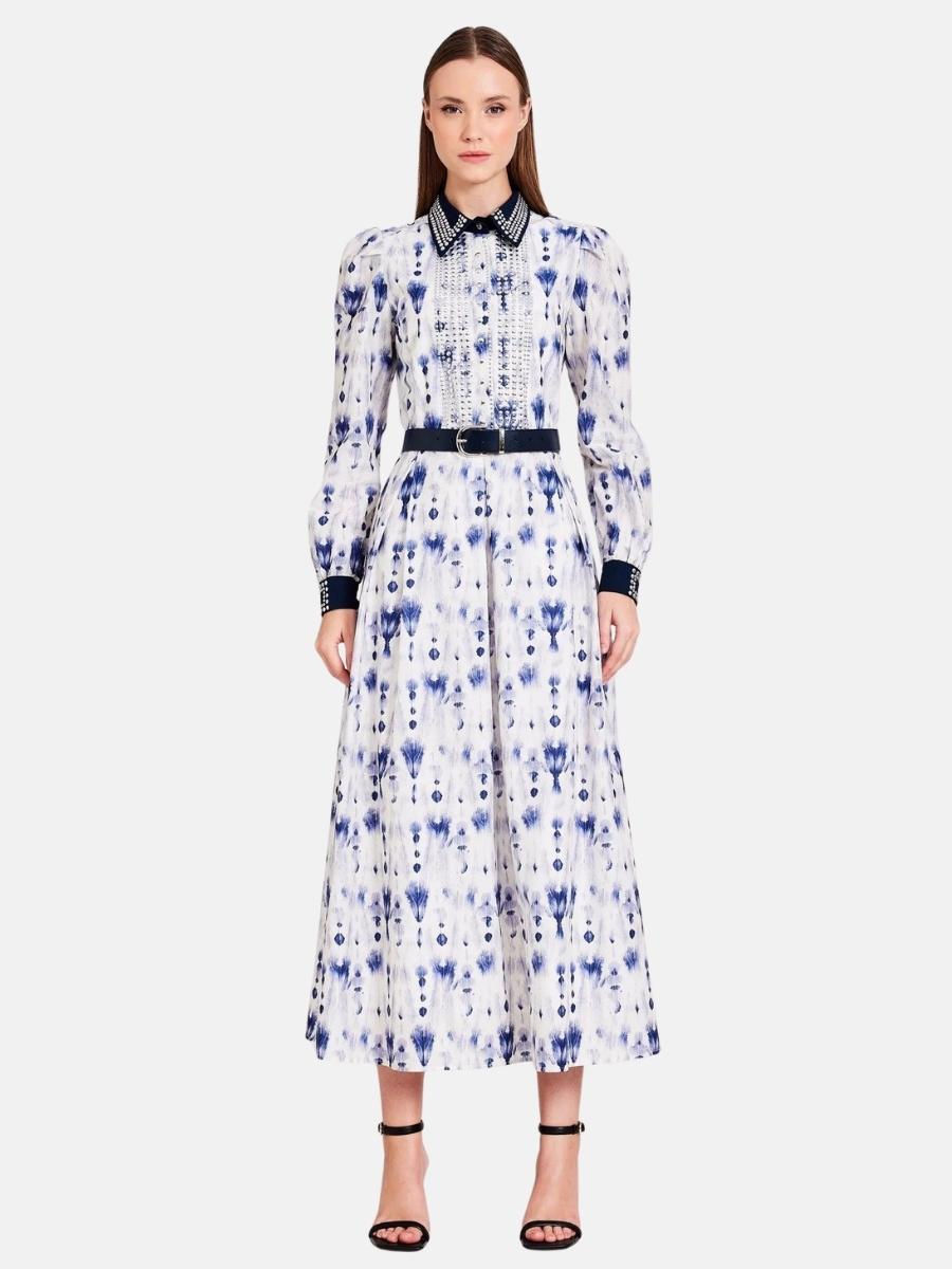 Studded Printed Cotton Midi Dress in Blue
