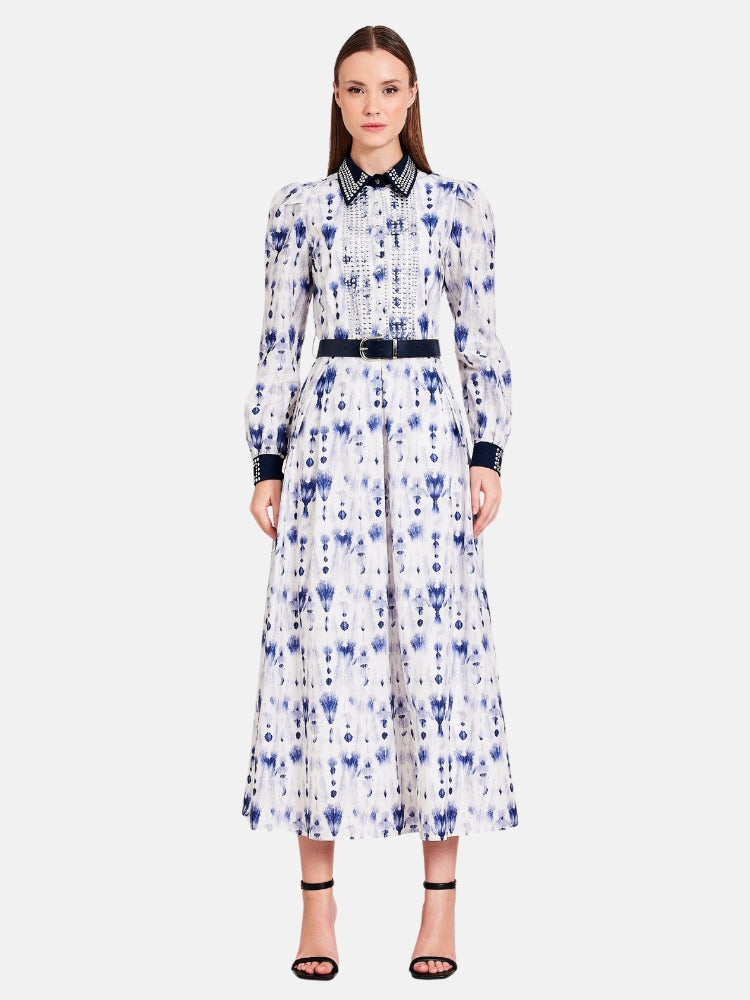 Printed Cotton with Metal Studs Midi Dress in Blue