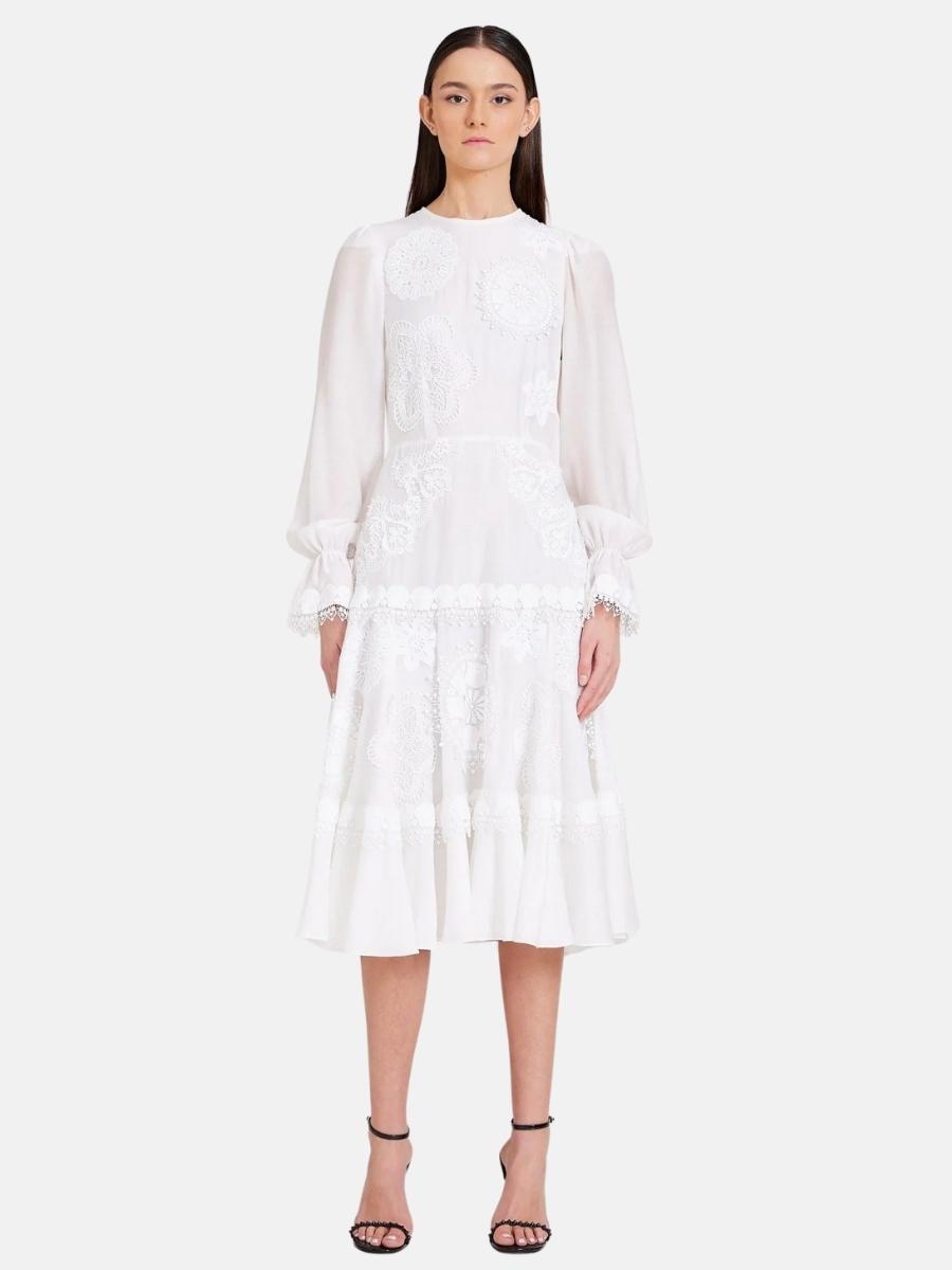 Floral Appliqué & Lace Ribbon Midi Dress in White