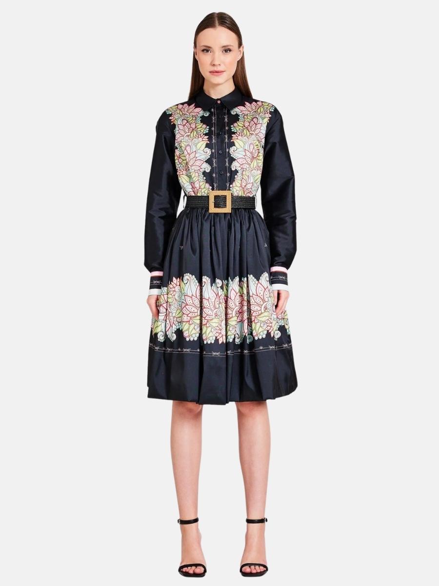 Colourful Printed Taffeta Dress in Black