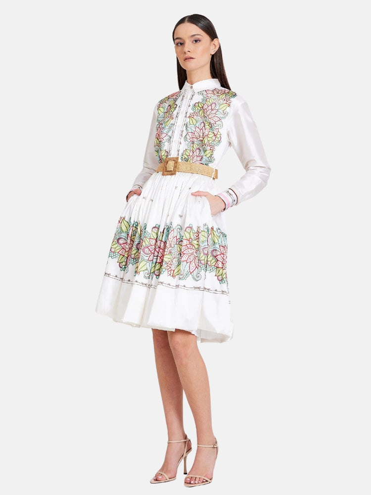 Colourful Printed Taffeta Dress in White