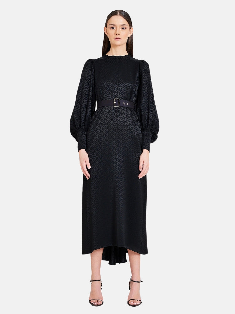 Chain Pattern Silk Midi Dress in Black