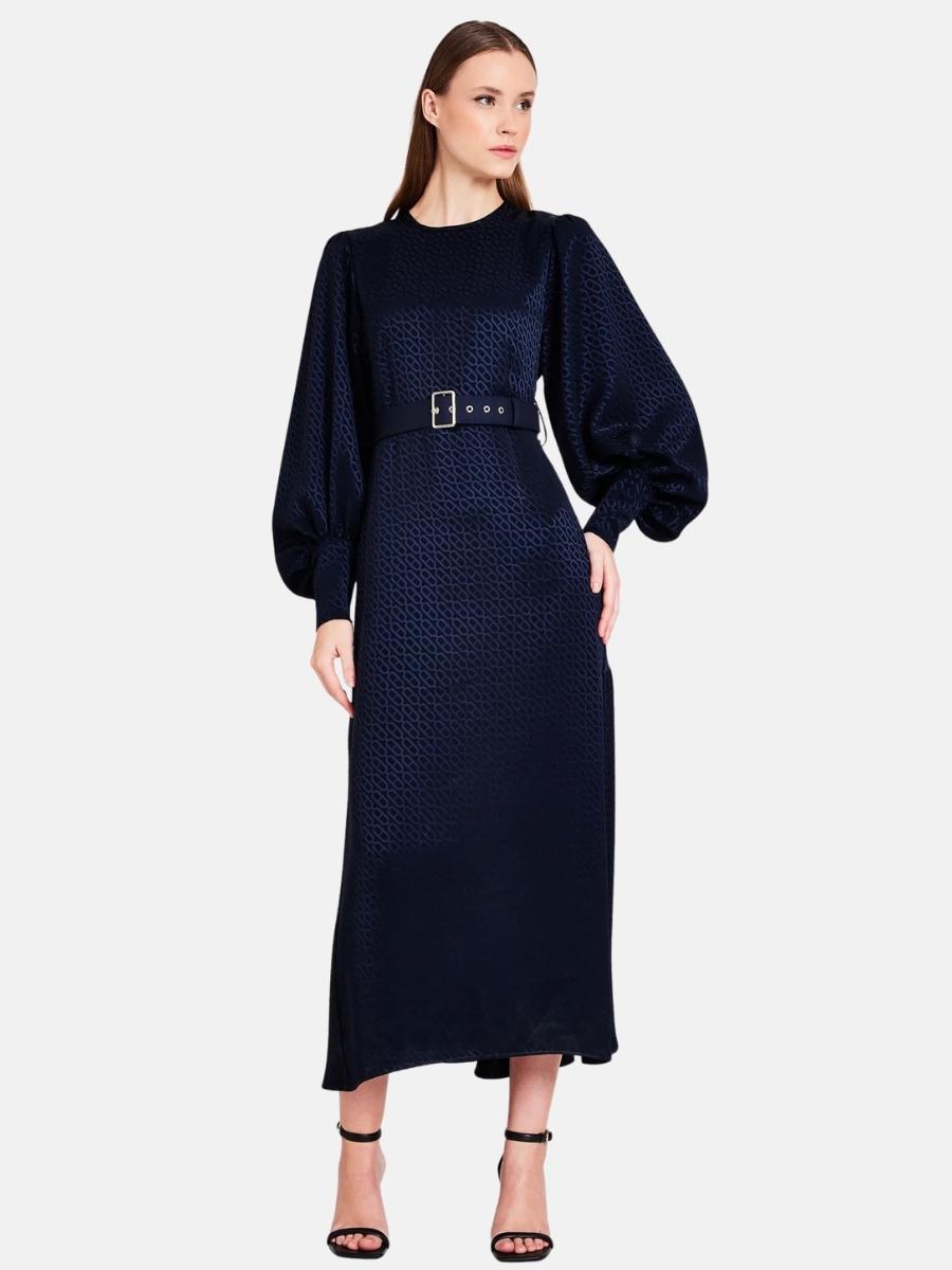 Chain Pattern Silk Midi Dress in Blue