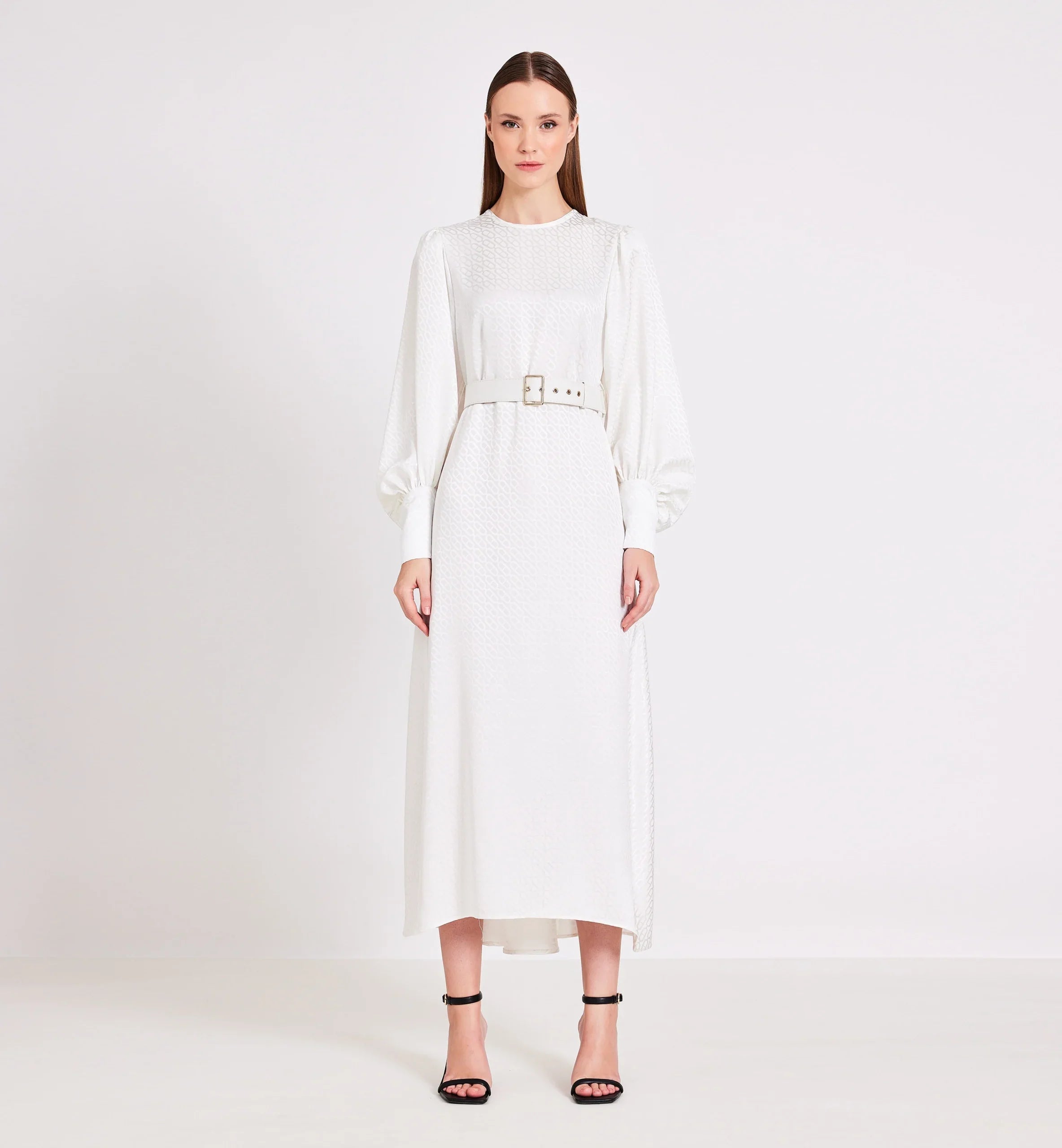 Chain Pattern Silk Midi Dress in White