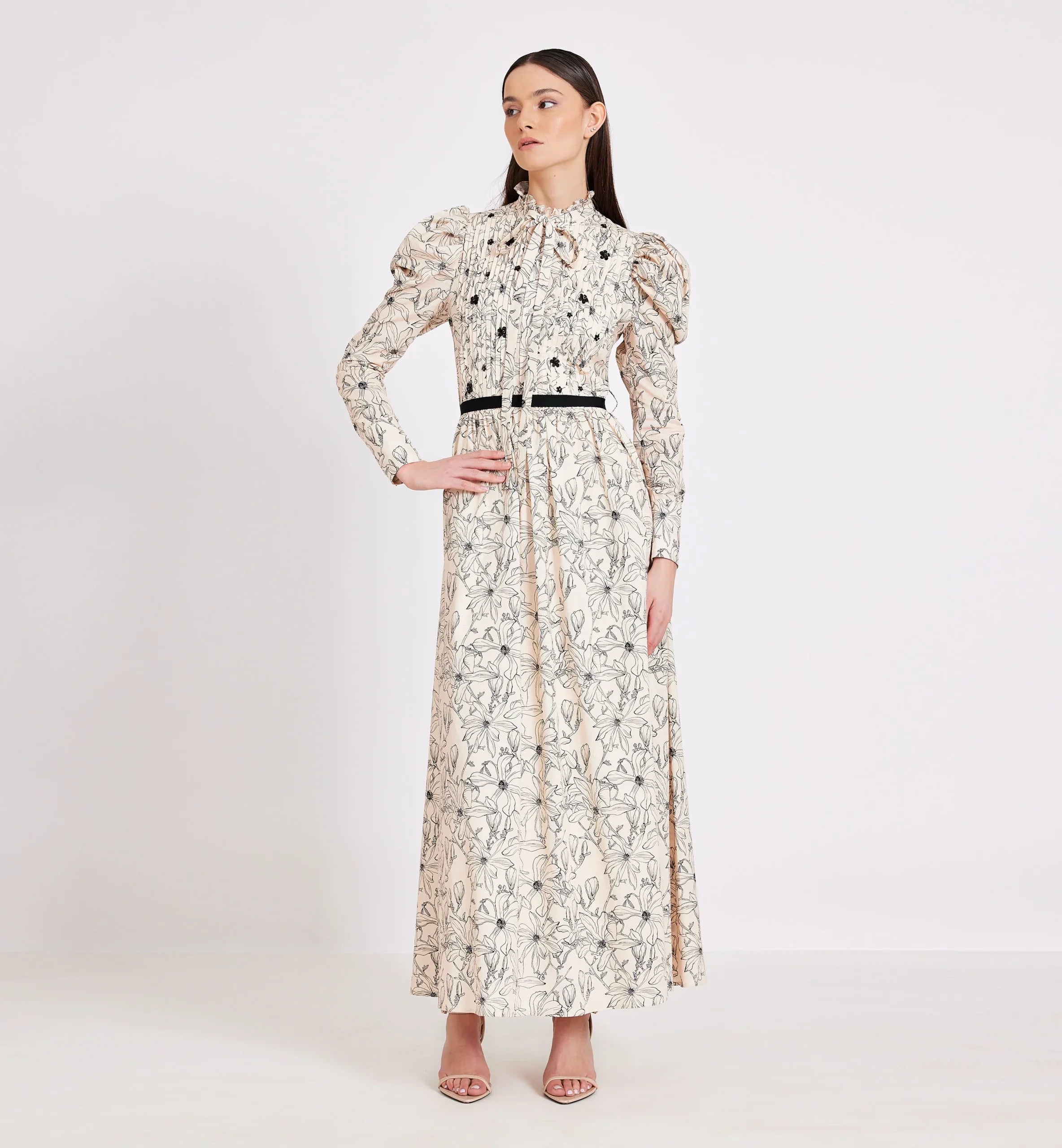 Biege Printed Cotton with Small Folds Midi Dress in Black