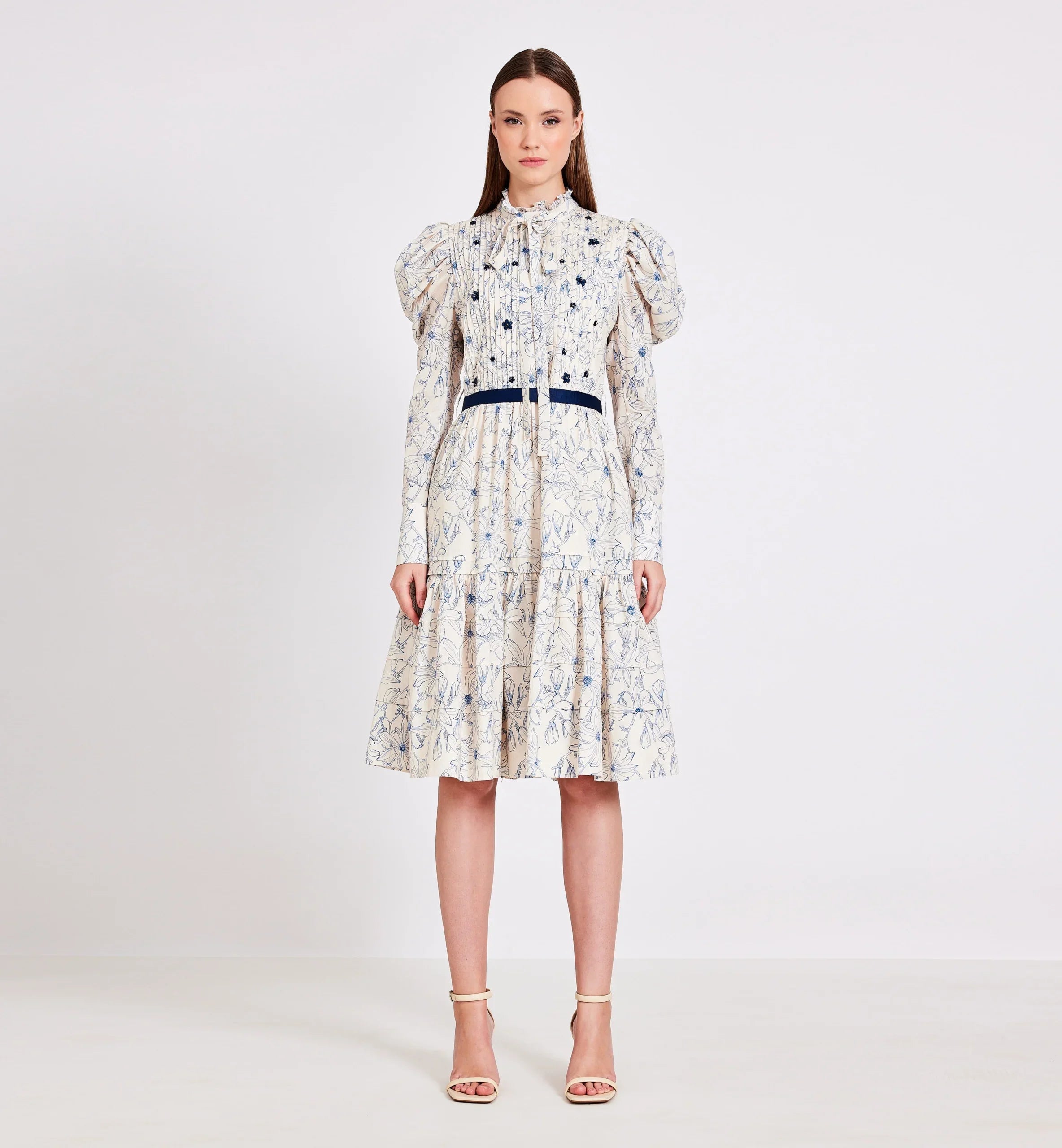 Biege Printed Cotton with Small Folds Dress in Blue