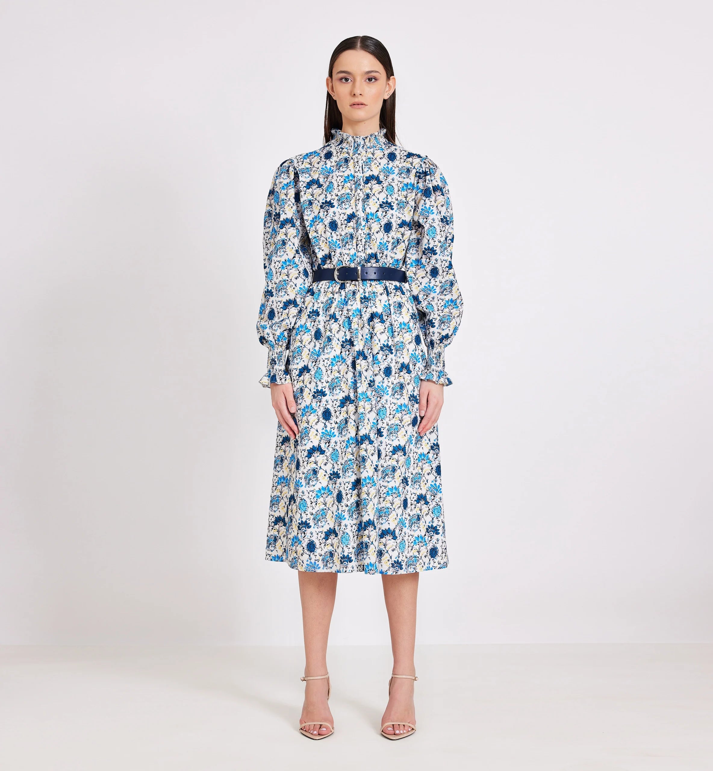 Floral Print Cotton Dress in White&Blue