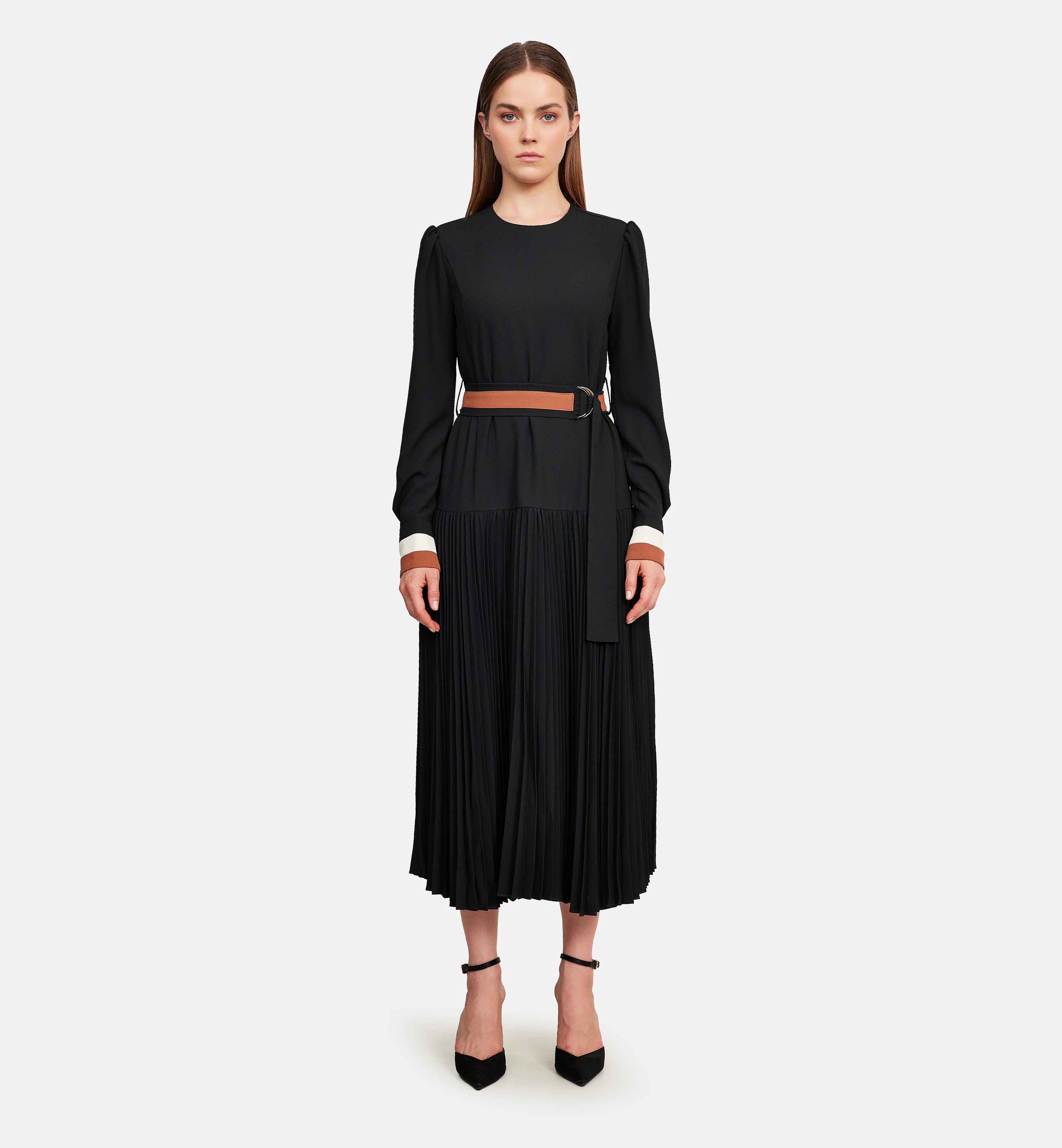 Fleece and Striped Cuffs Midi Dress in Black