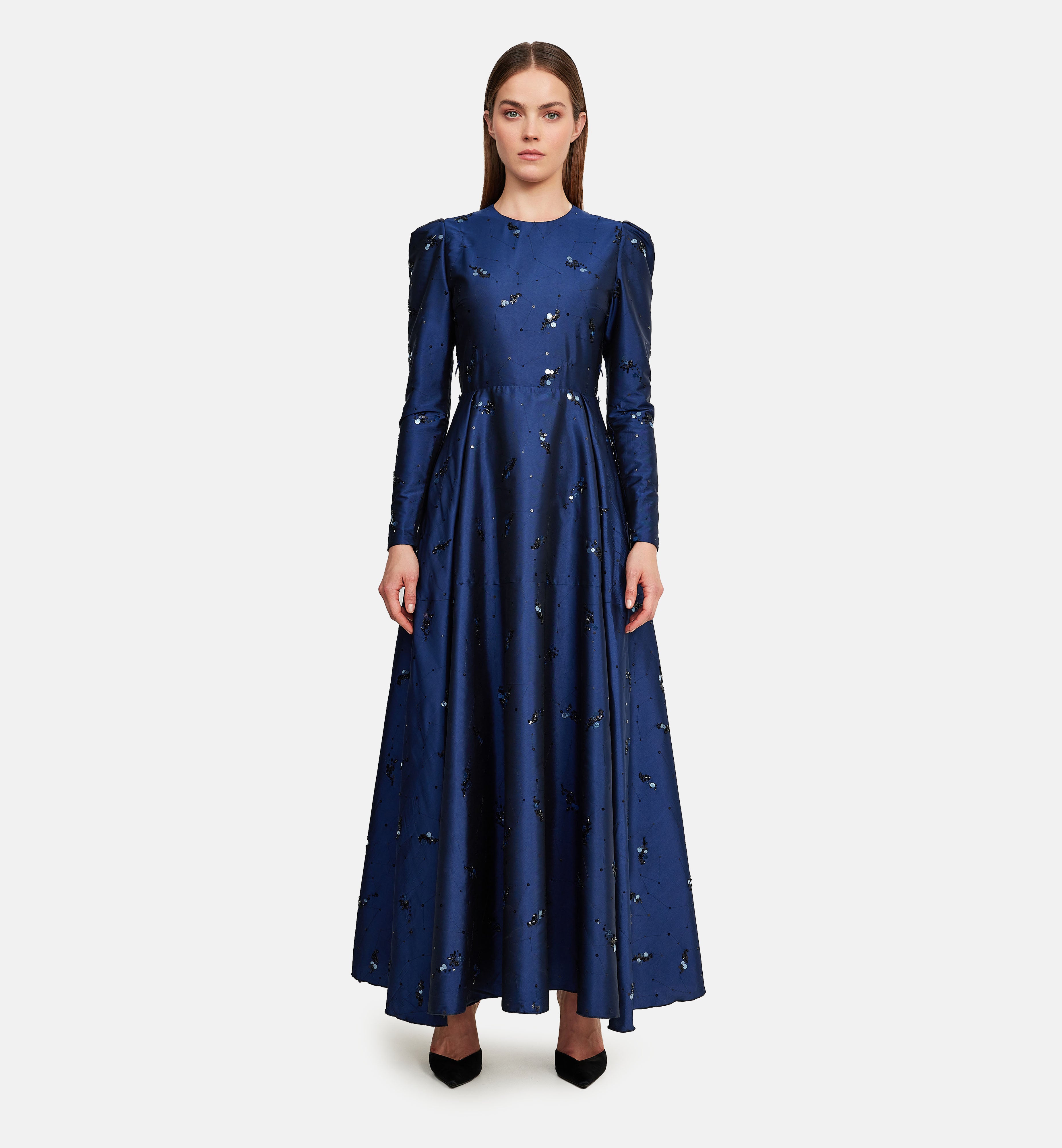 Seqiuns Embroidery on Taffeta Midi Dress in Blue