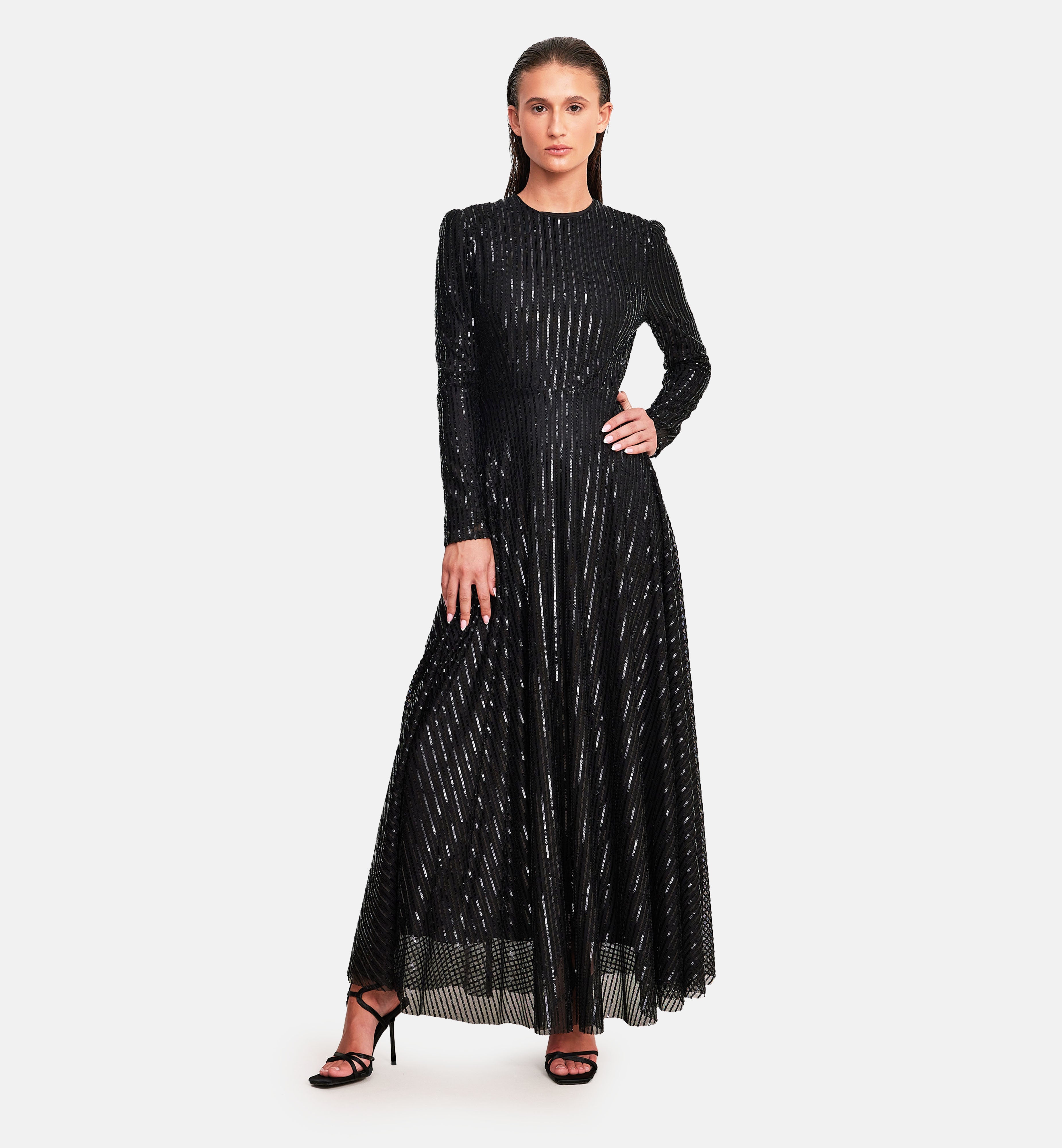 Sequin Lines Midi Dress in Black