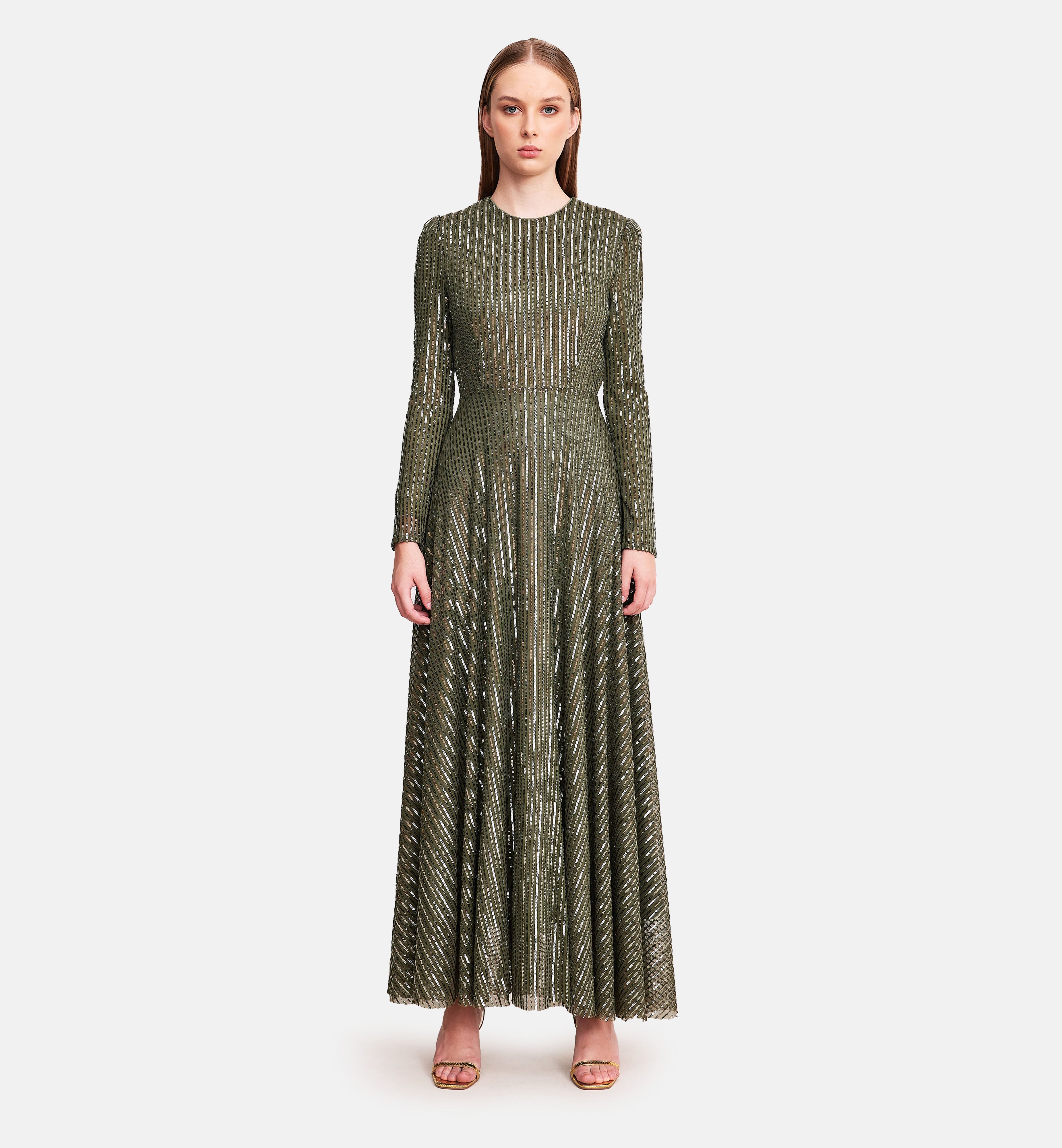 Sequins Lines Midi Dress in Olive