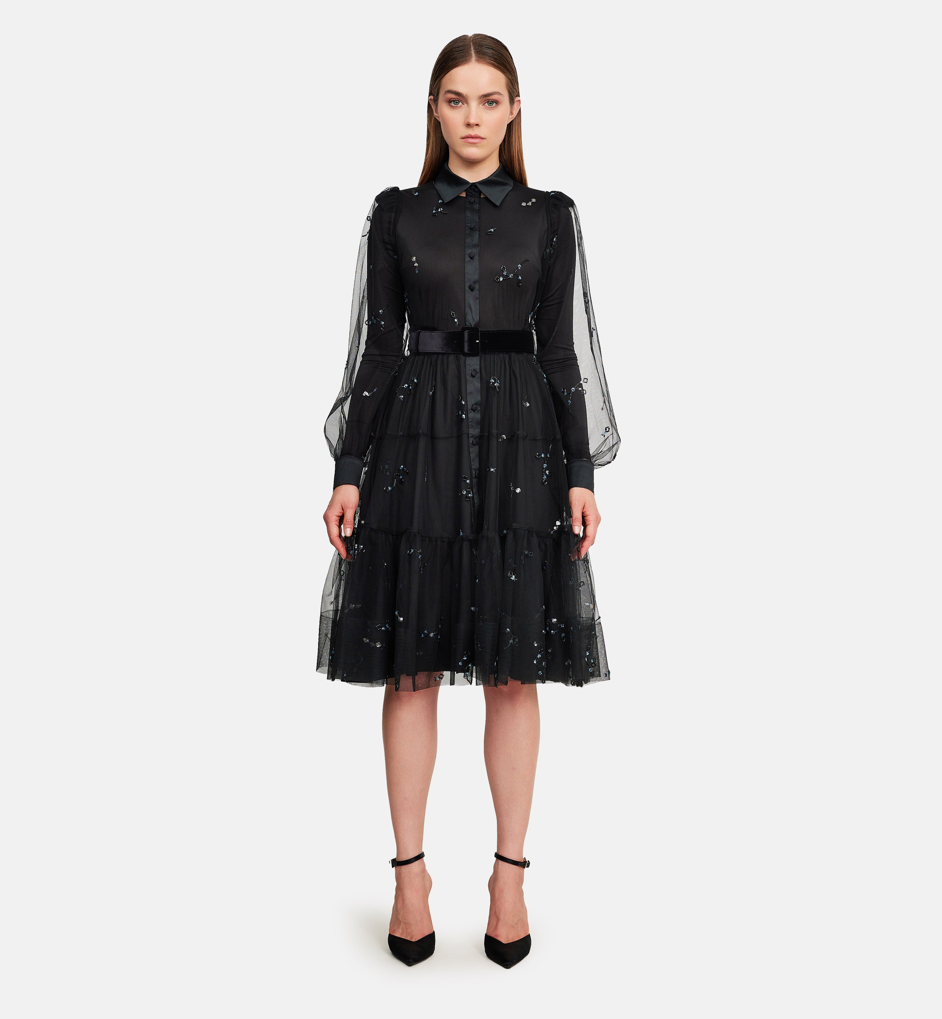 Collared Embroidered Mesh Dress in Black