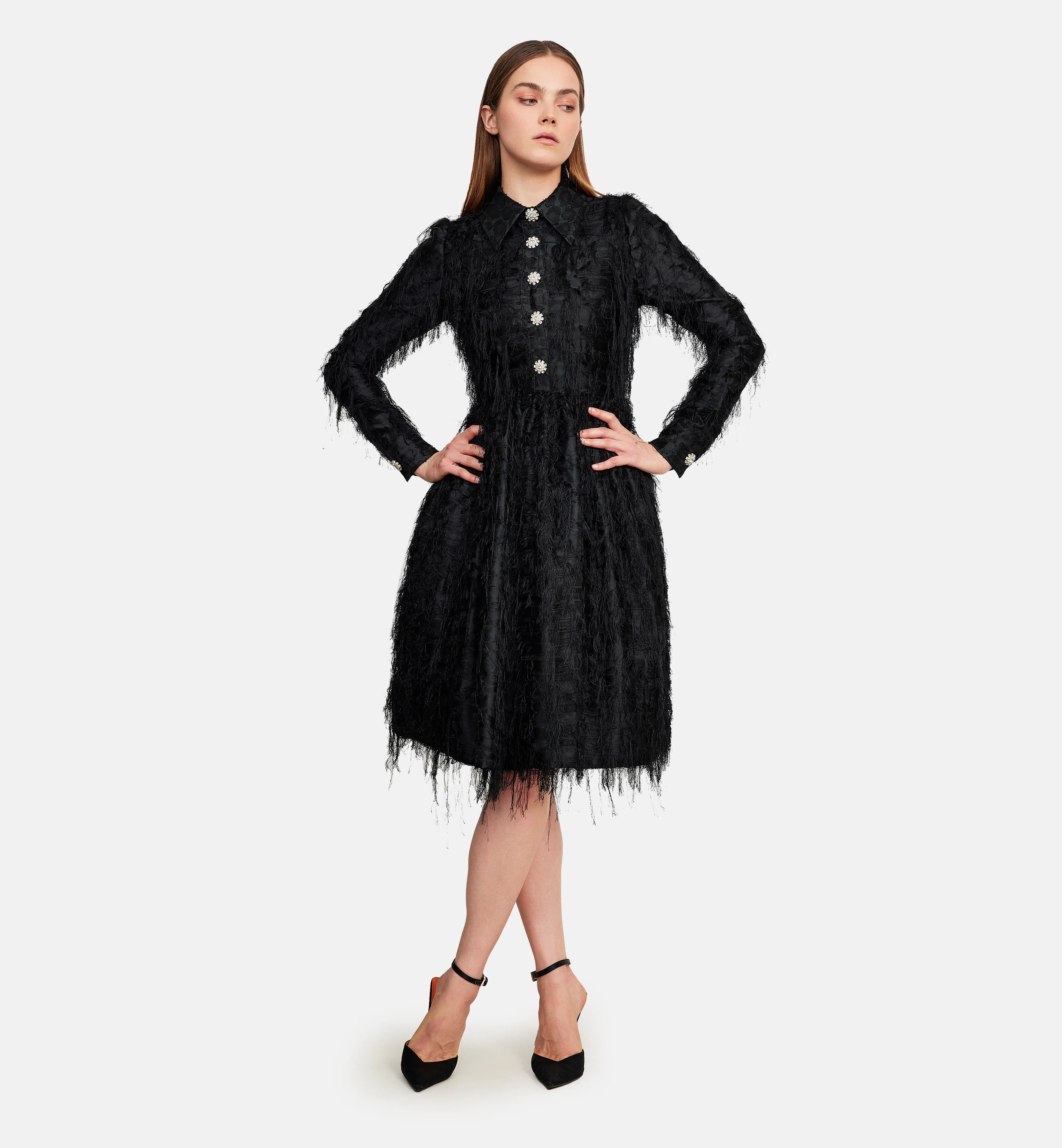 Furry Brocade and Diamonds Buttons Dress in Black