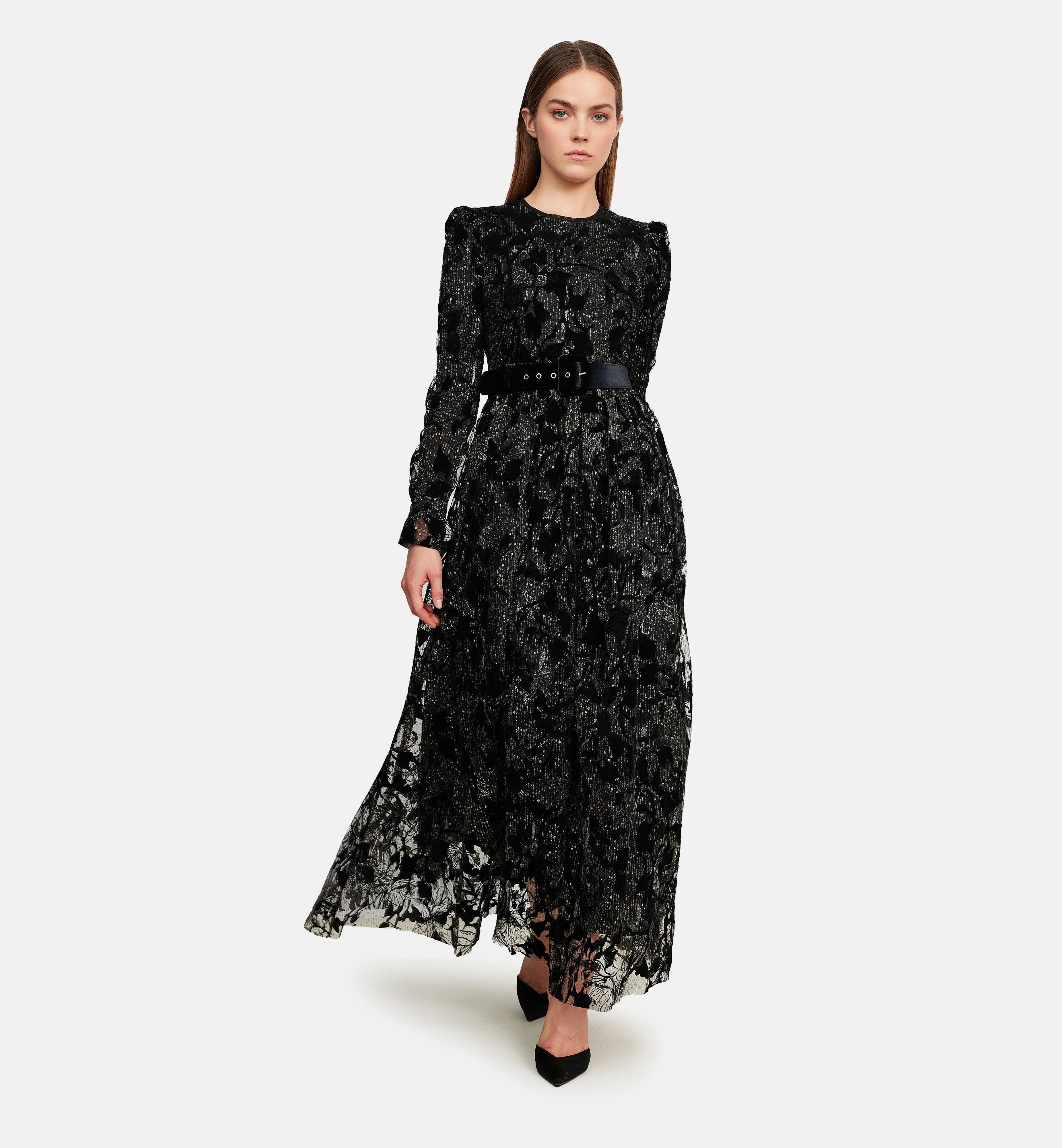 Flock Velvet on Embroidery Mesh Midi Dress in Black