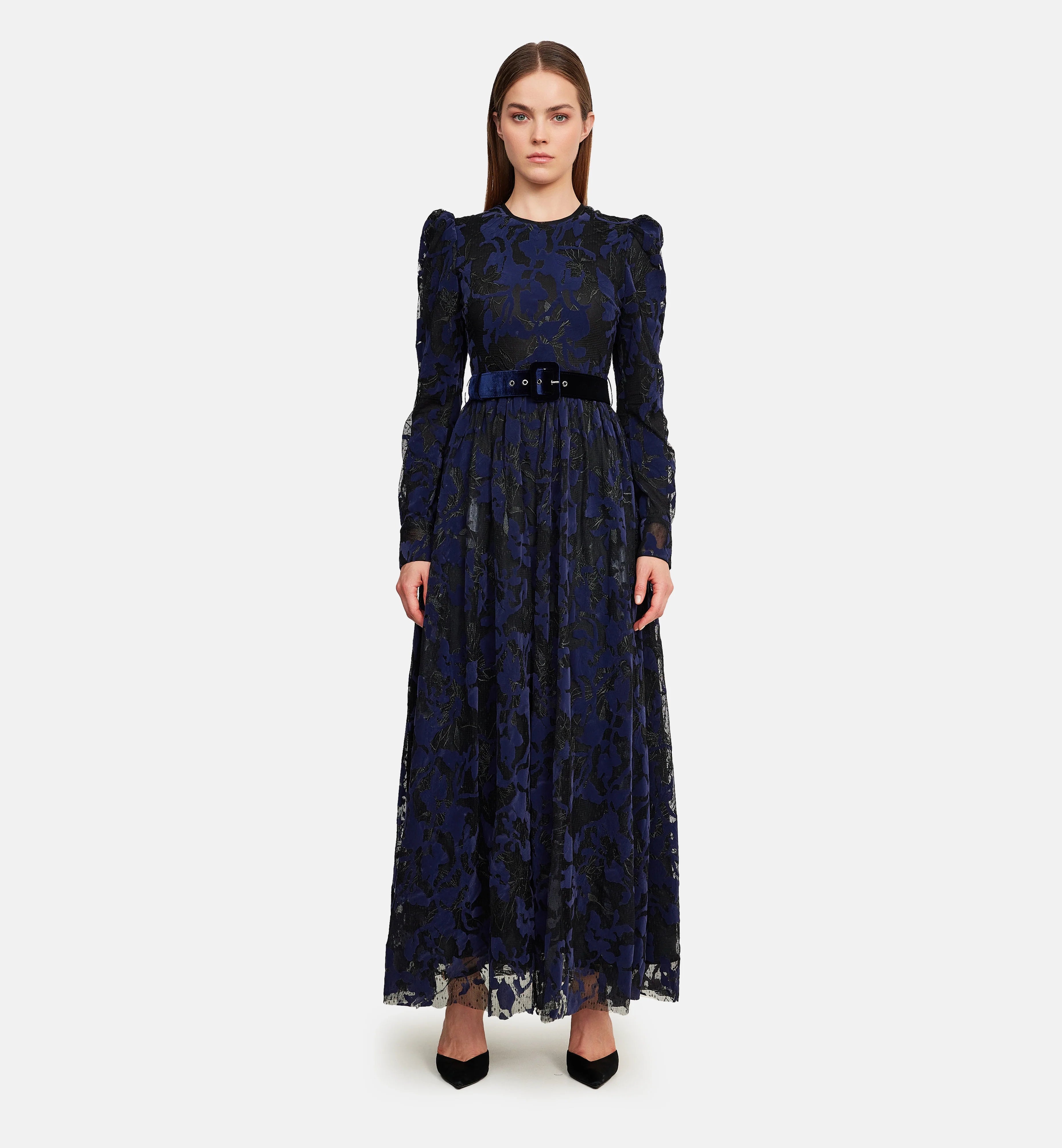 Flock Velvet on Embroidery Mesh Midi Dress in Blue