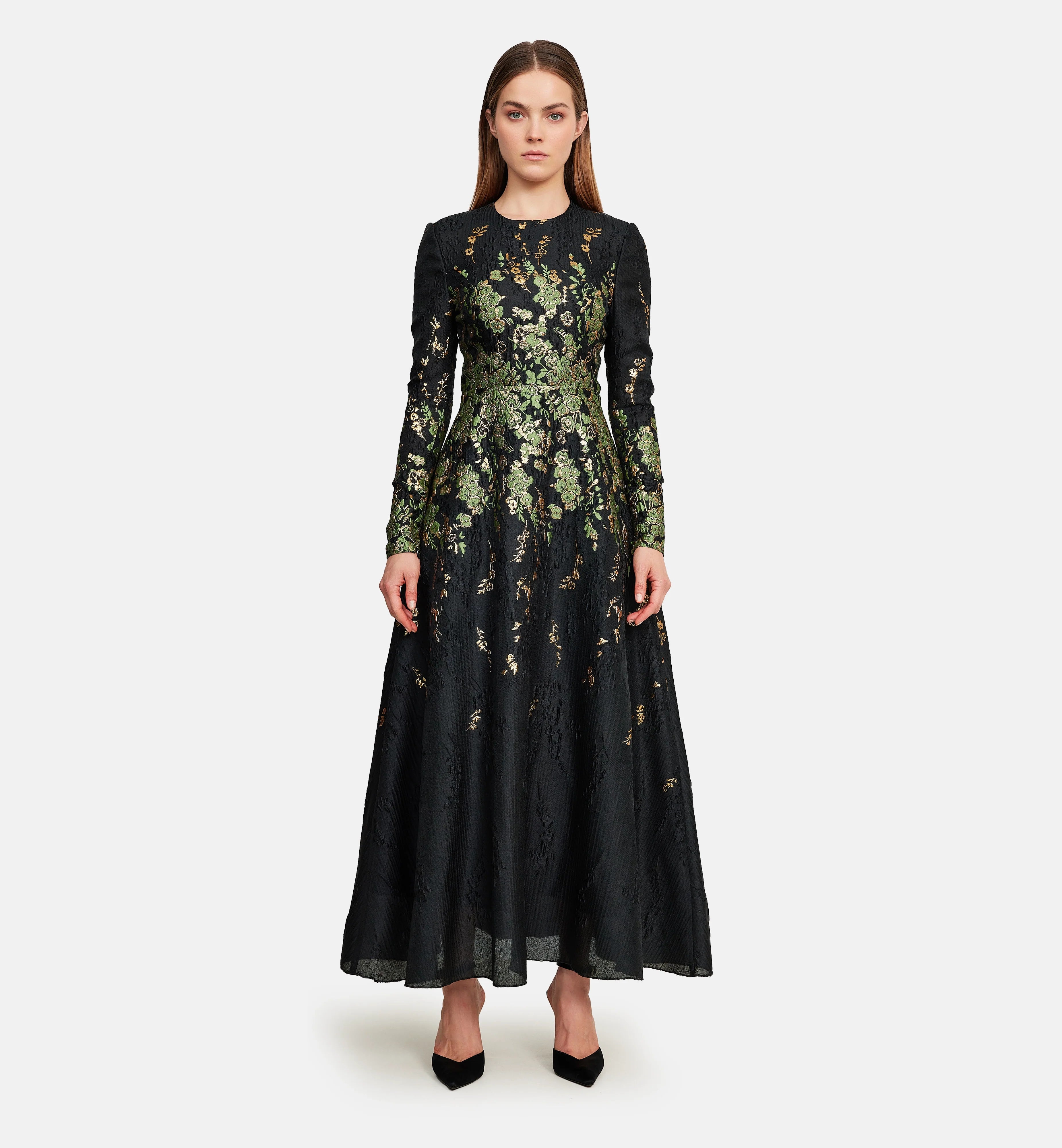 Green and Gold Brocade Midi Dress in Black