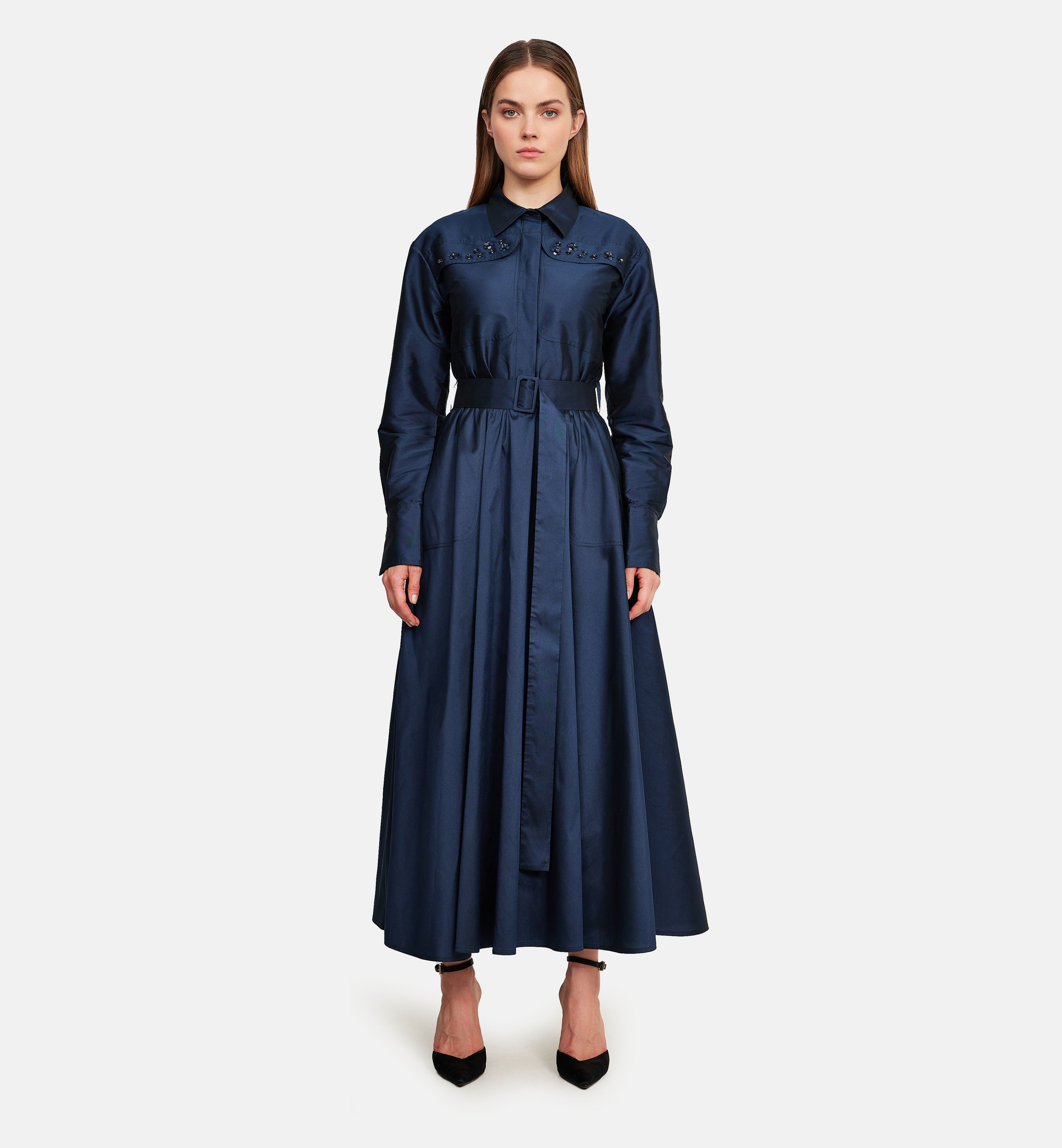 Pockets and Flowers Taffeta Midi Dress in Blue