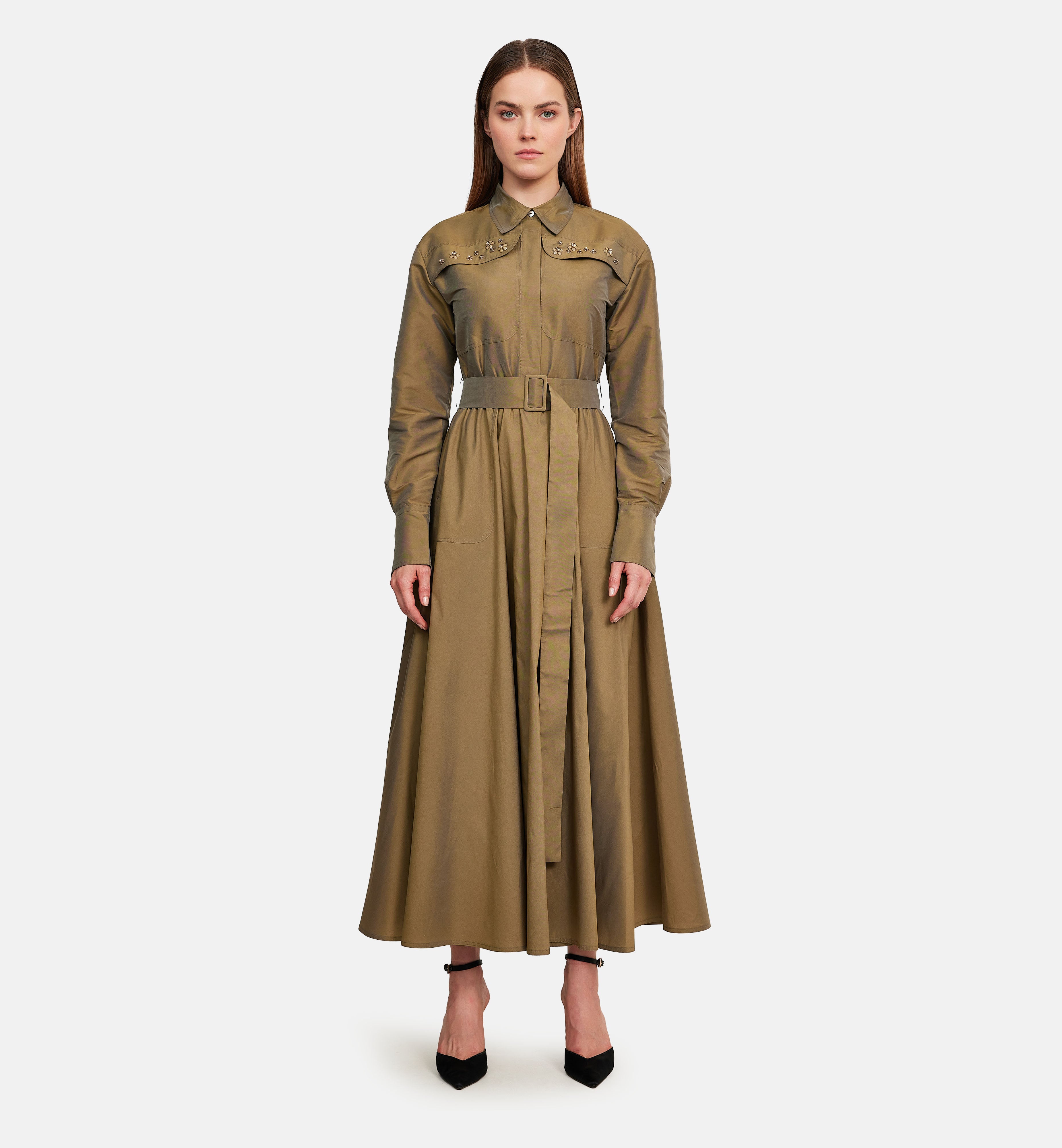 Pockets and Flowers Taffeta Midi Dress in Olive