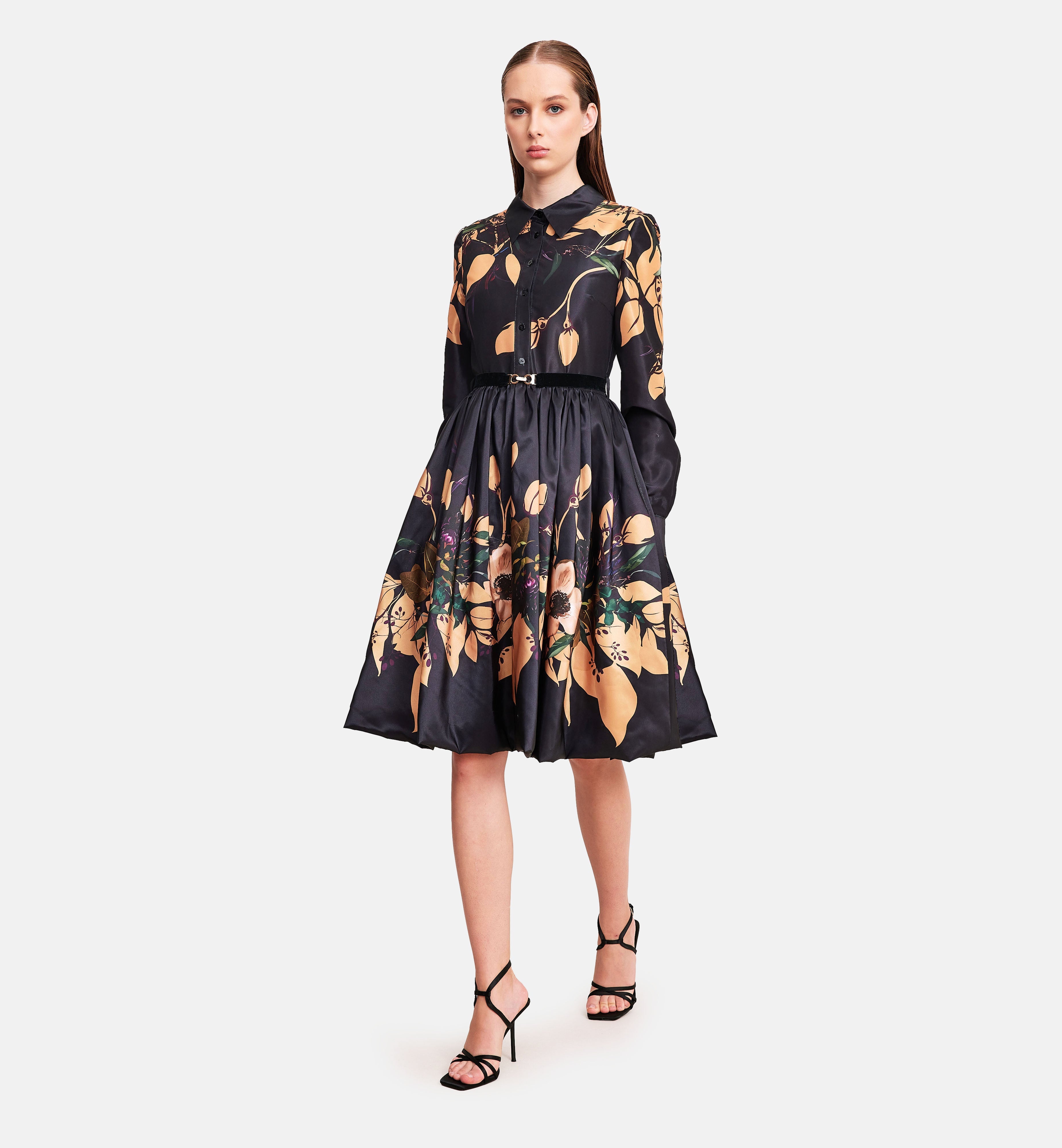 Floral Printed Taffeta Collared Dress in Black