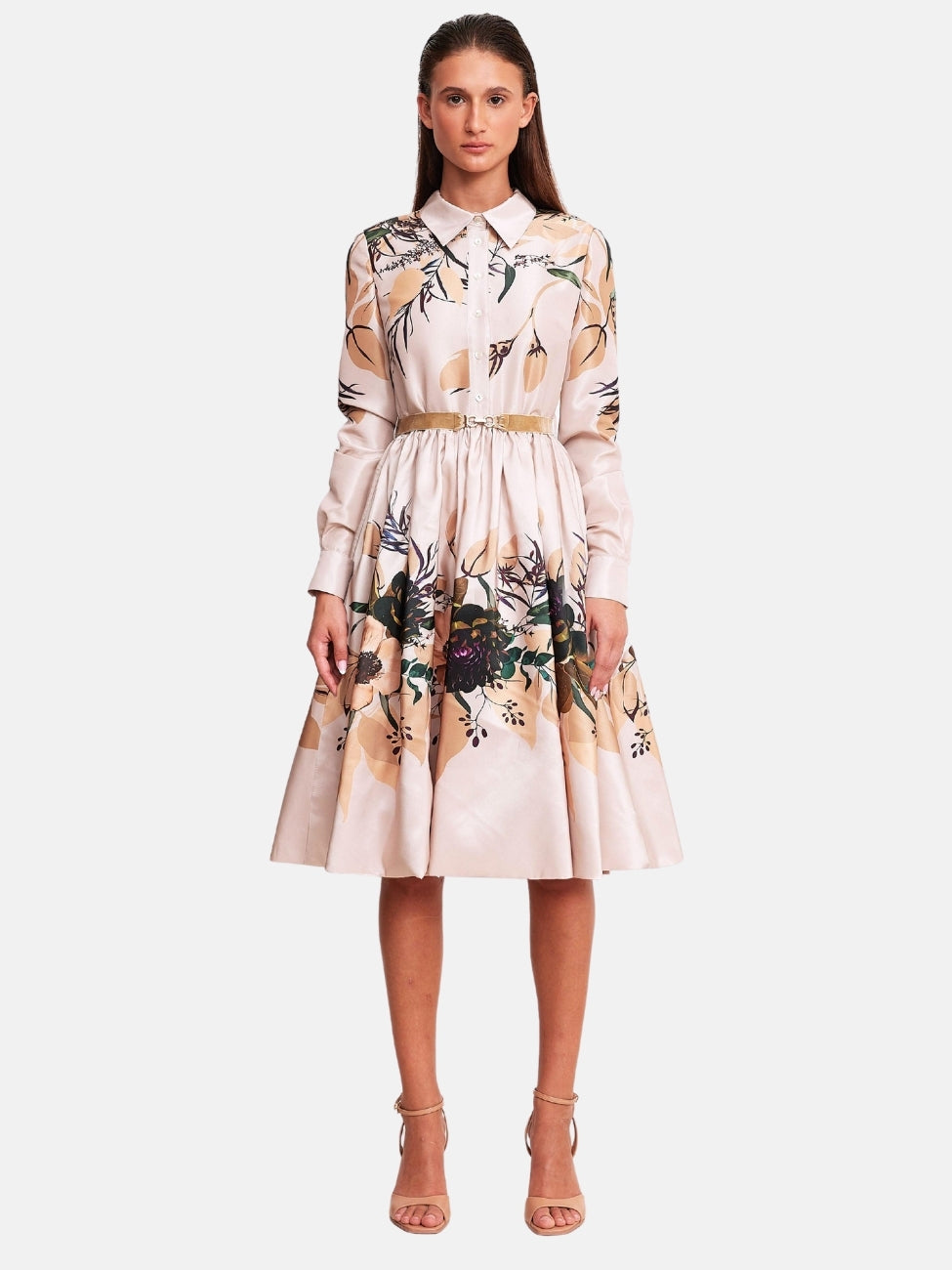 Floral Printed Taffeta Collared Dress in Biege