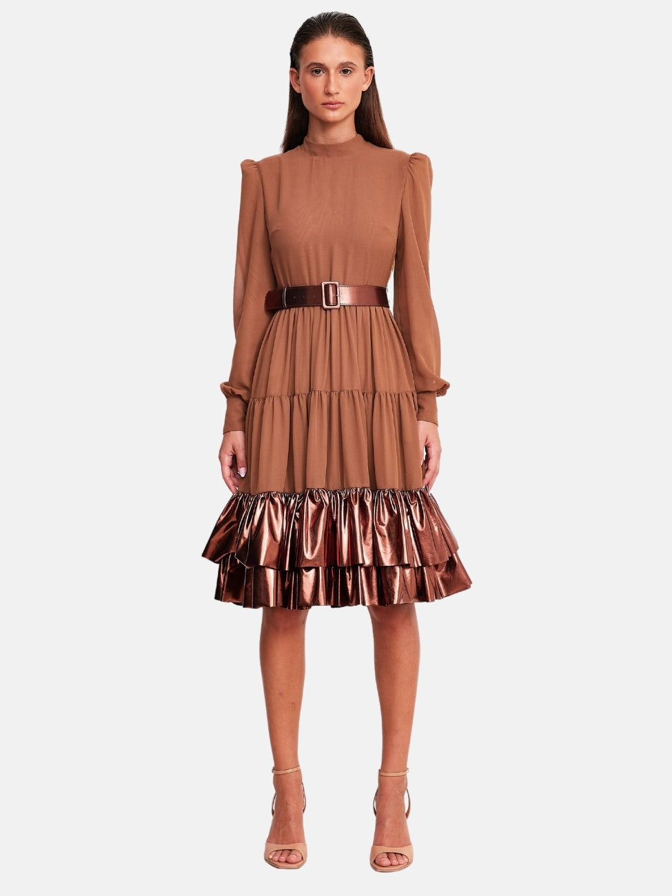 Chiffon and Vinyl Dress in Brown