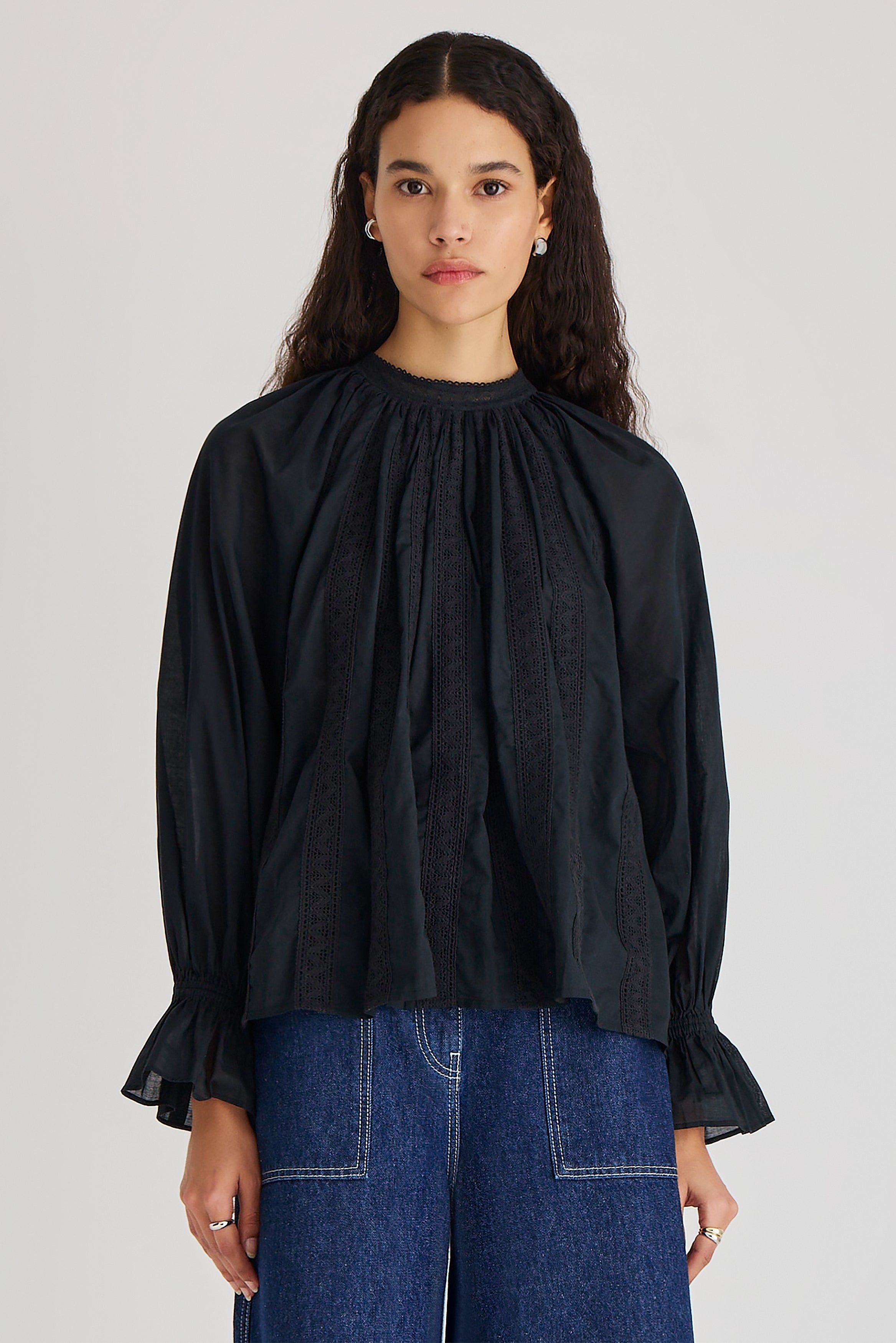 Maija Long Sleeve Cotton Voile Blouse in Black