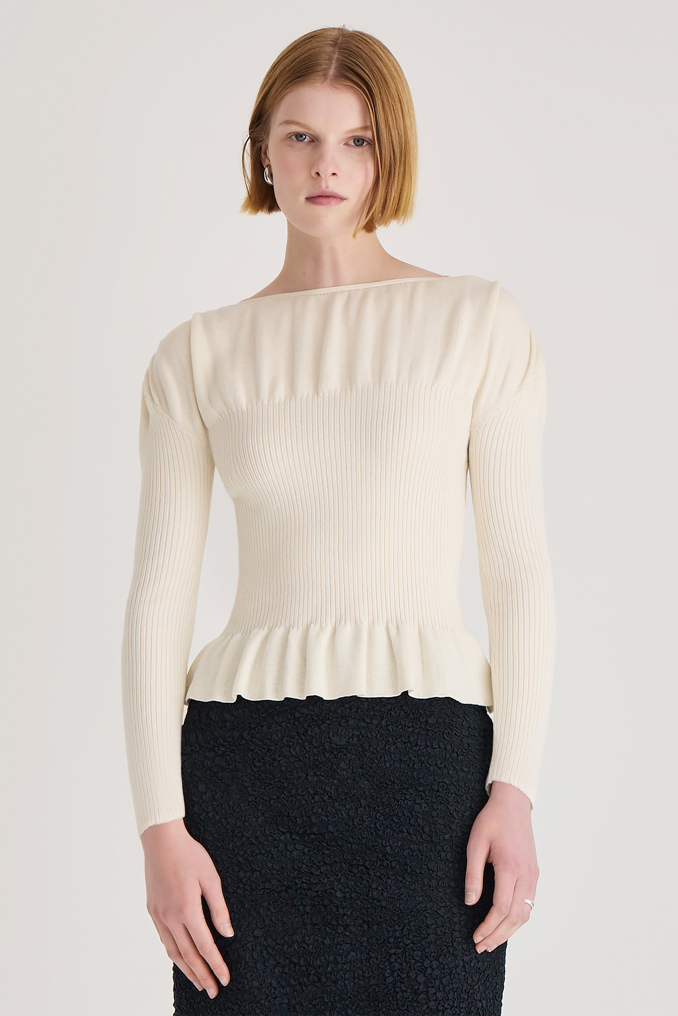 Alma  Boatneck Ruffle Knit Top in Opaline