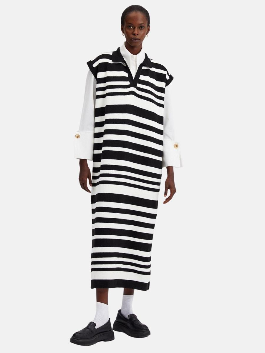 Polo Neck Sleeveless Striped Knit Dress