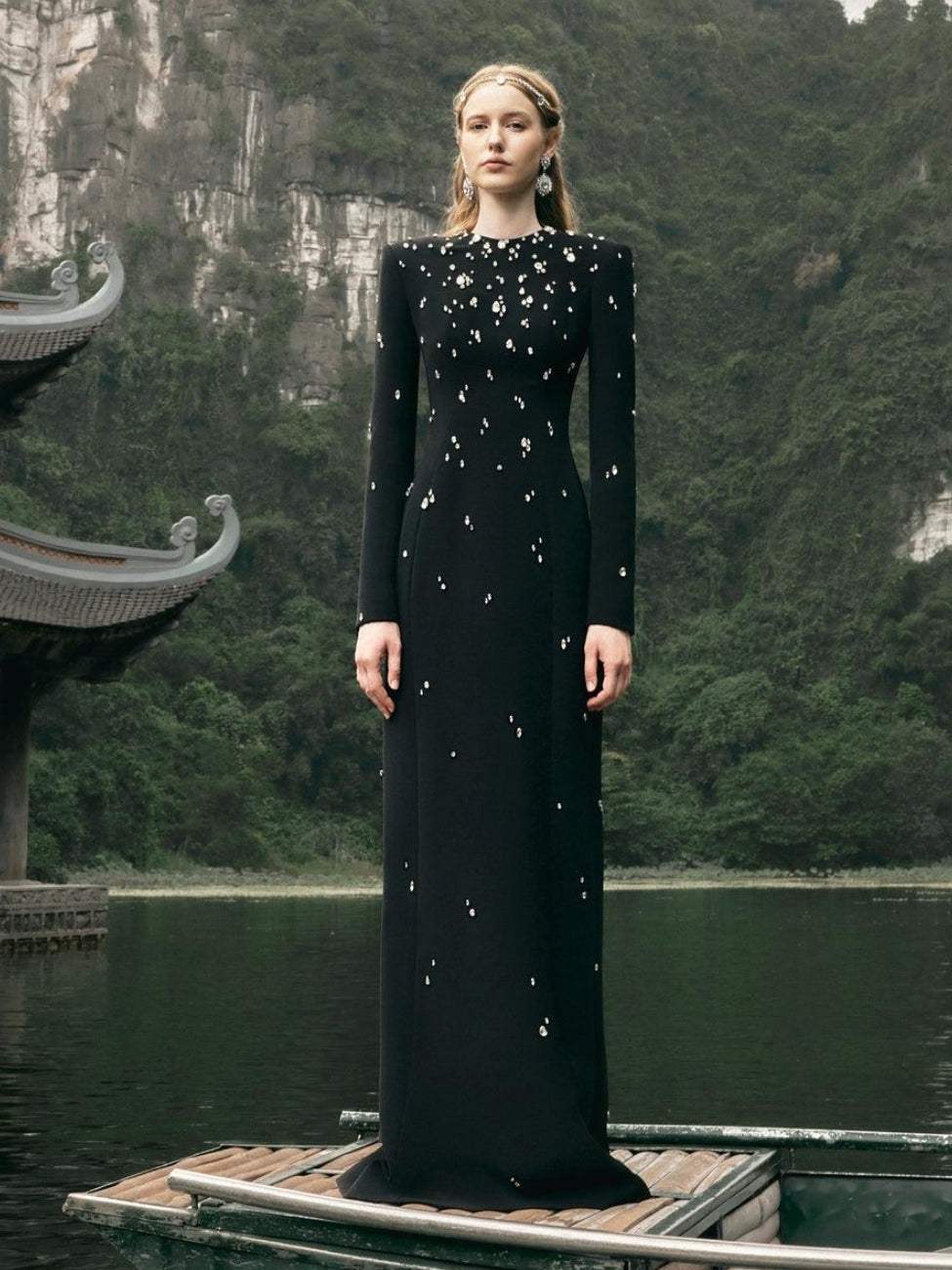 Stone Embellished Long Sleeve Dress