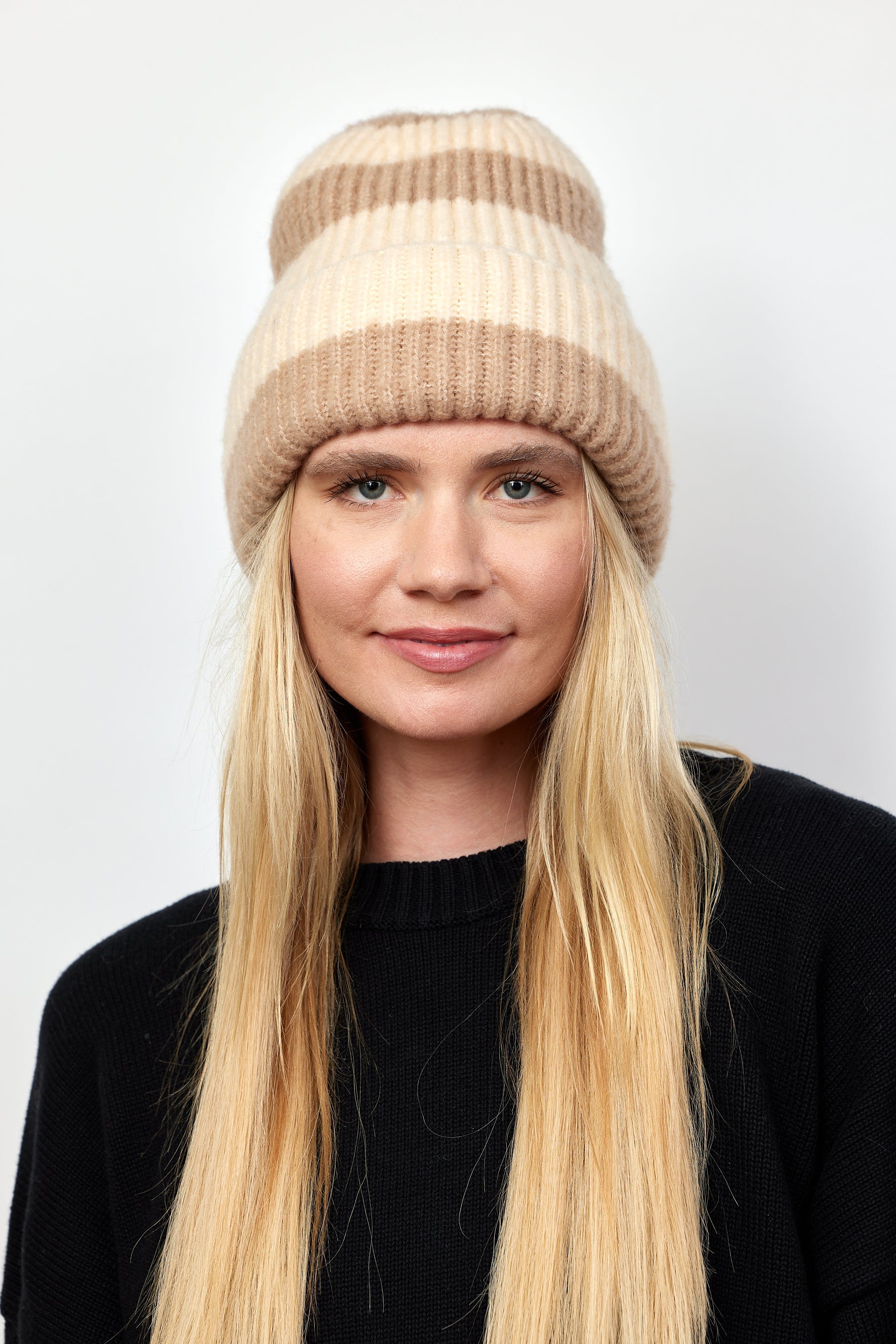 Stripe Beanie- Taupe/Ivory