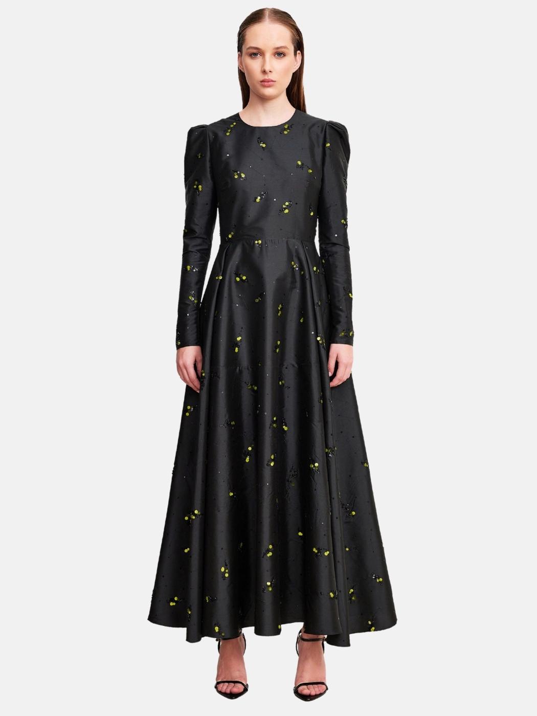 Seqiuns Embroidery on Taffeta Midi Dress in Black