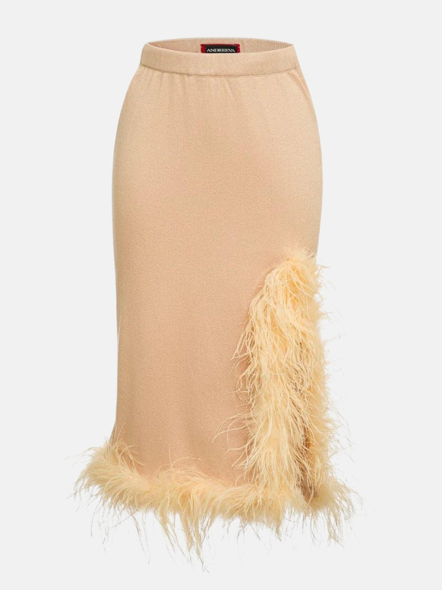 Peach Knit Skirt With Feathers