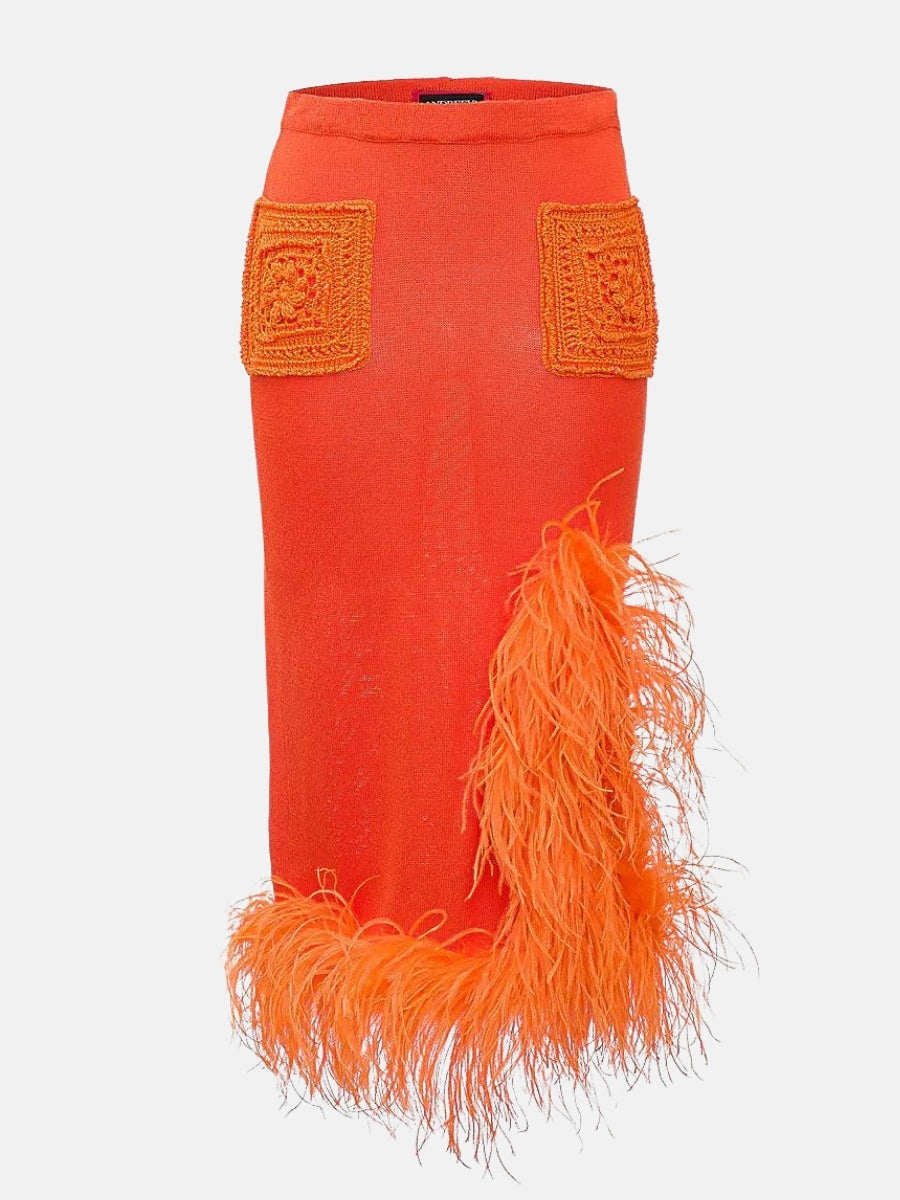 Orange Knit Skirt With Feather Details