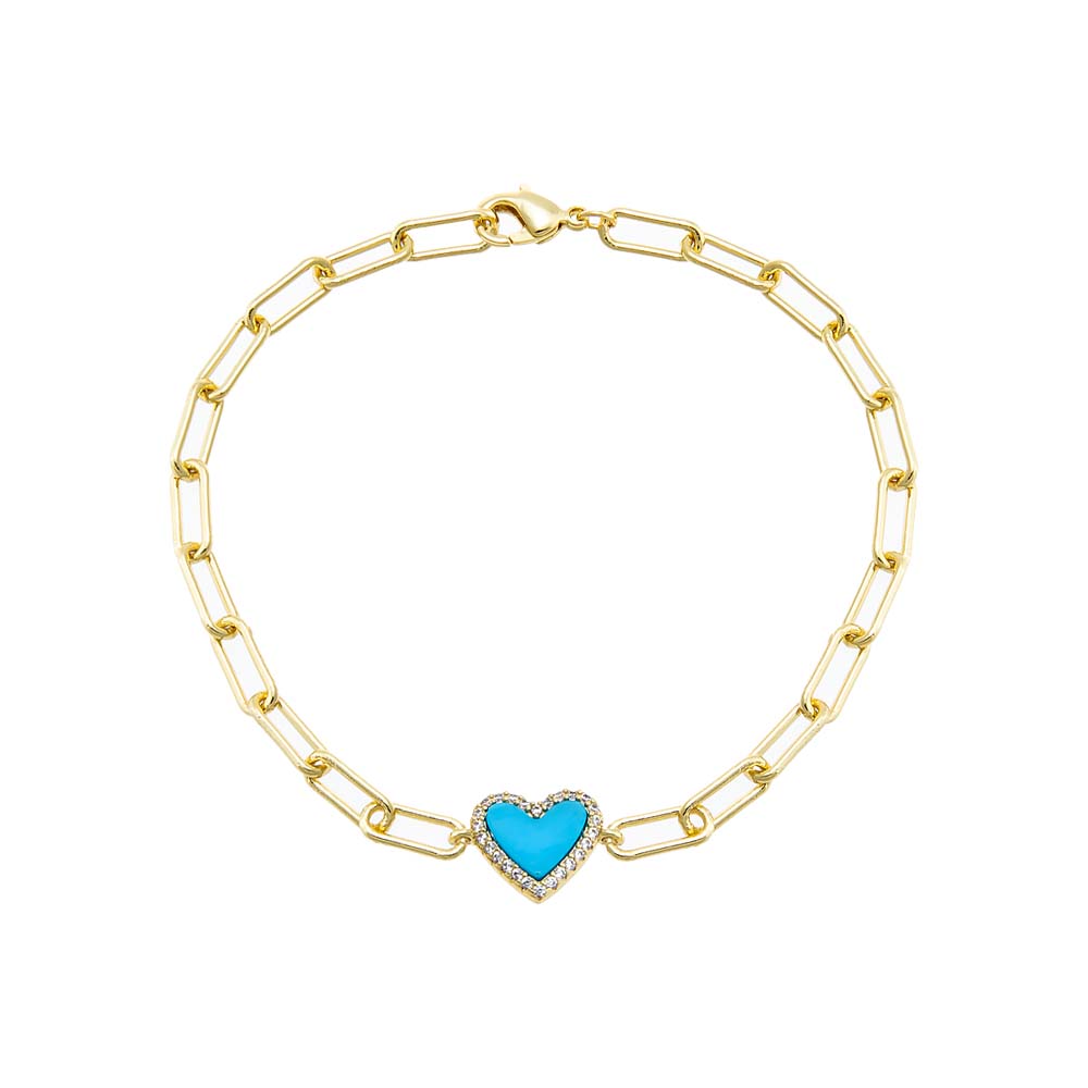 Pave Colored Stone Heart Paperclip Bracelet
