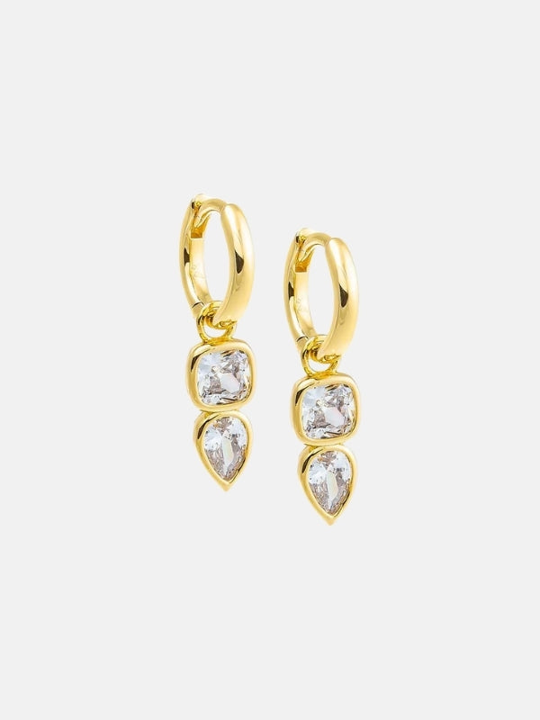 CZ Bezel Square X Teardrop Dangle Huggie Earring