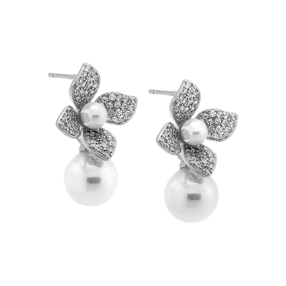 Pave Four Leaf Dangling Flower Pearl Stud Earring