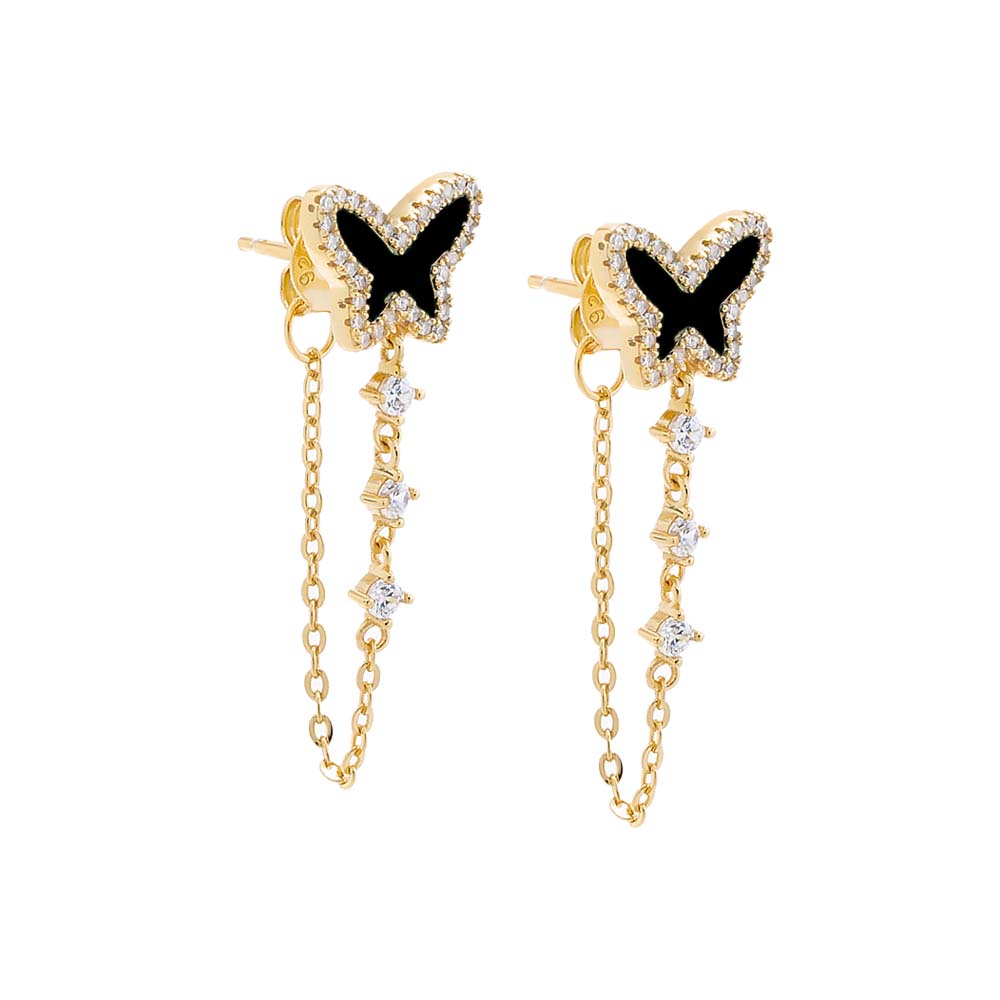 Pave Colored Stone Butterfly Drop Chain Stud Earring