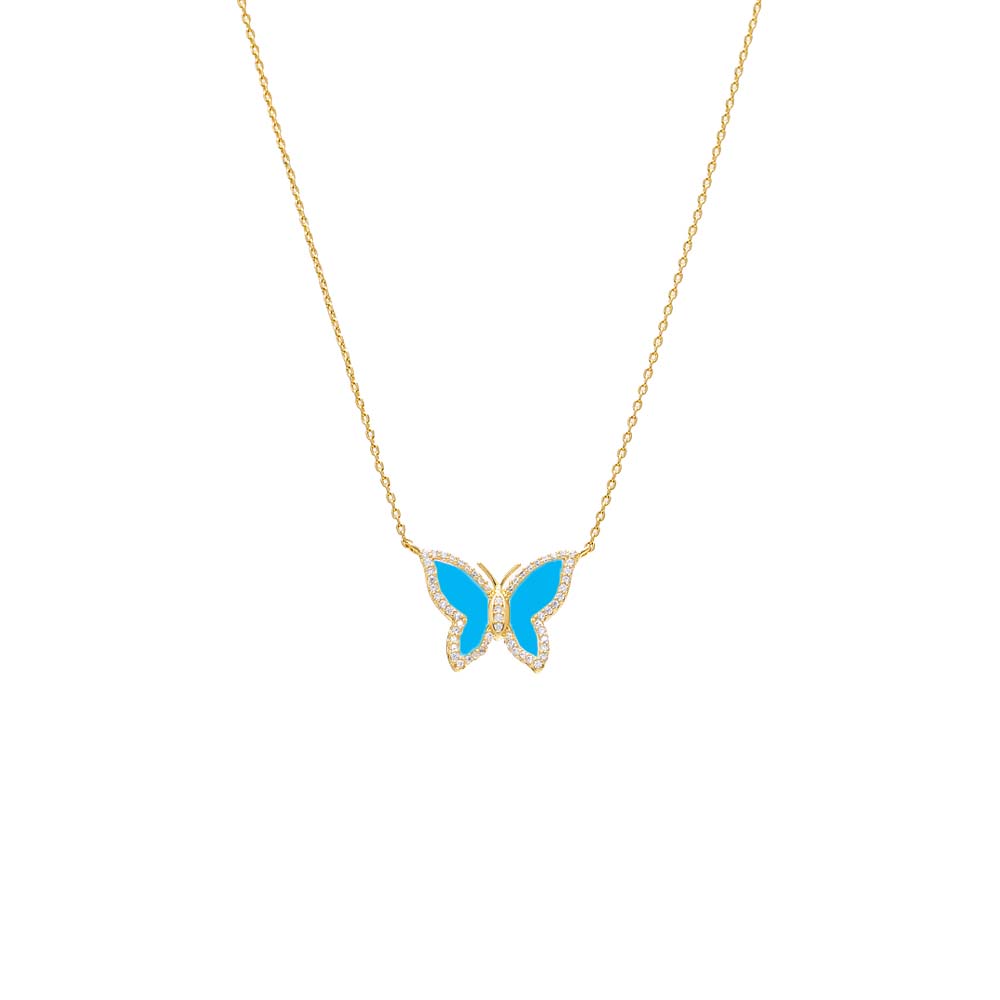 Pave Outline Colored Stone Butterfly Necklace