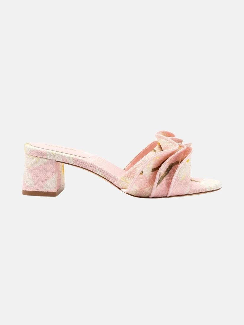 Brigitte Ruffle Mule In Tulip Printed Raffia