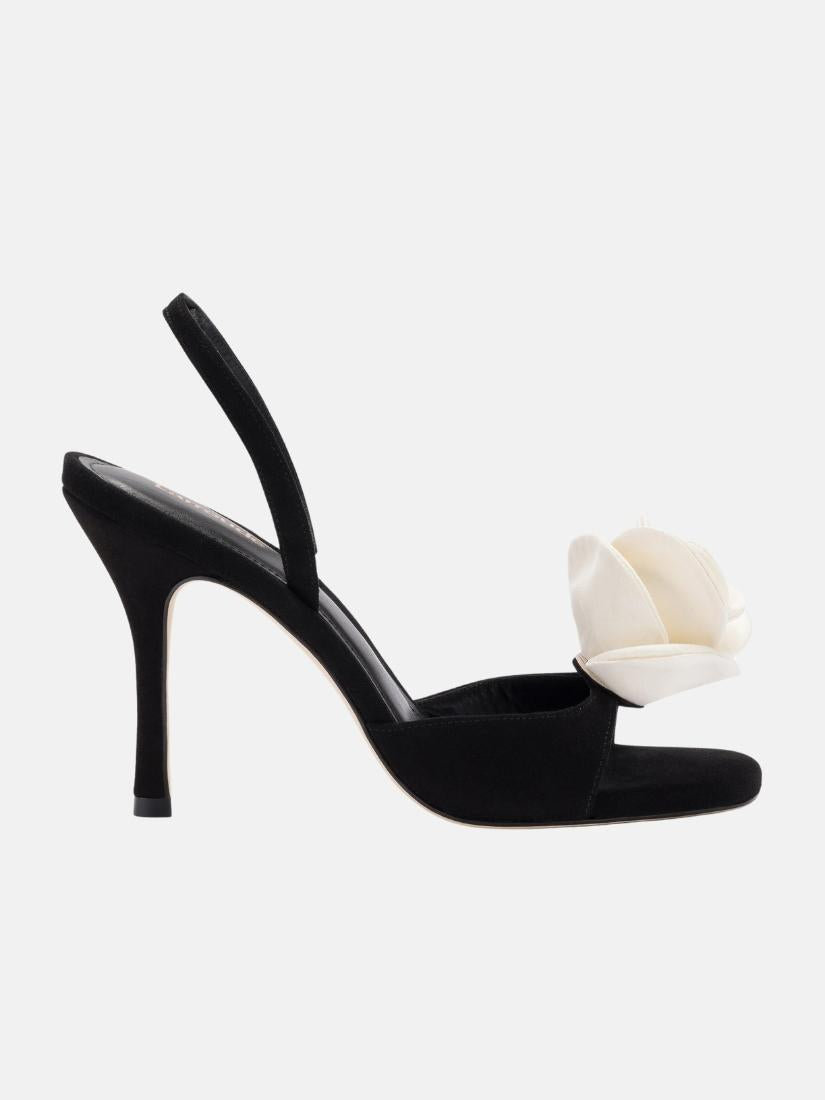 Salma Sandal In Black Suede and Ivory Satin