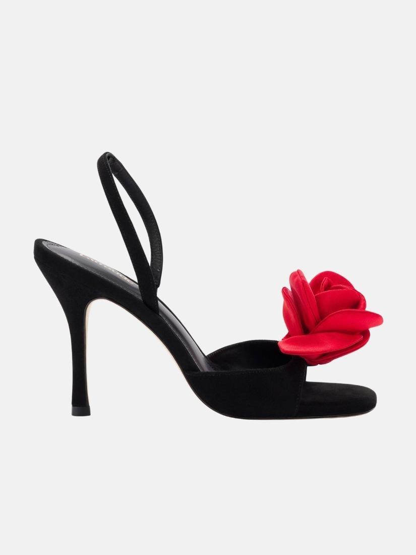 Salma Sandal In Black Suede and Scarlet Satin
