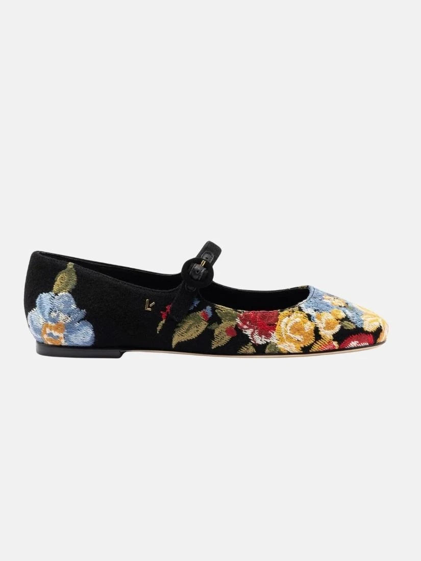 Larroudé x Markarian Flat In Black Wool and Floral Embroidery